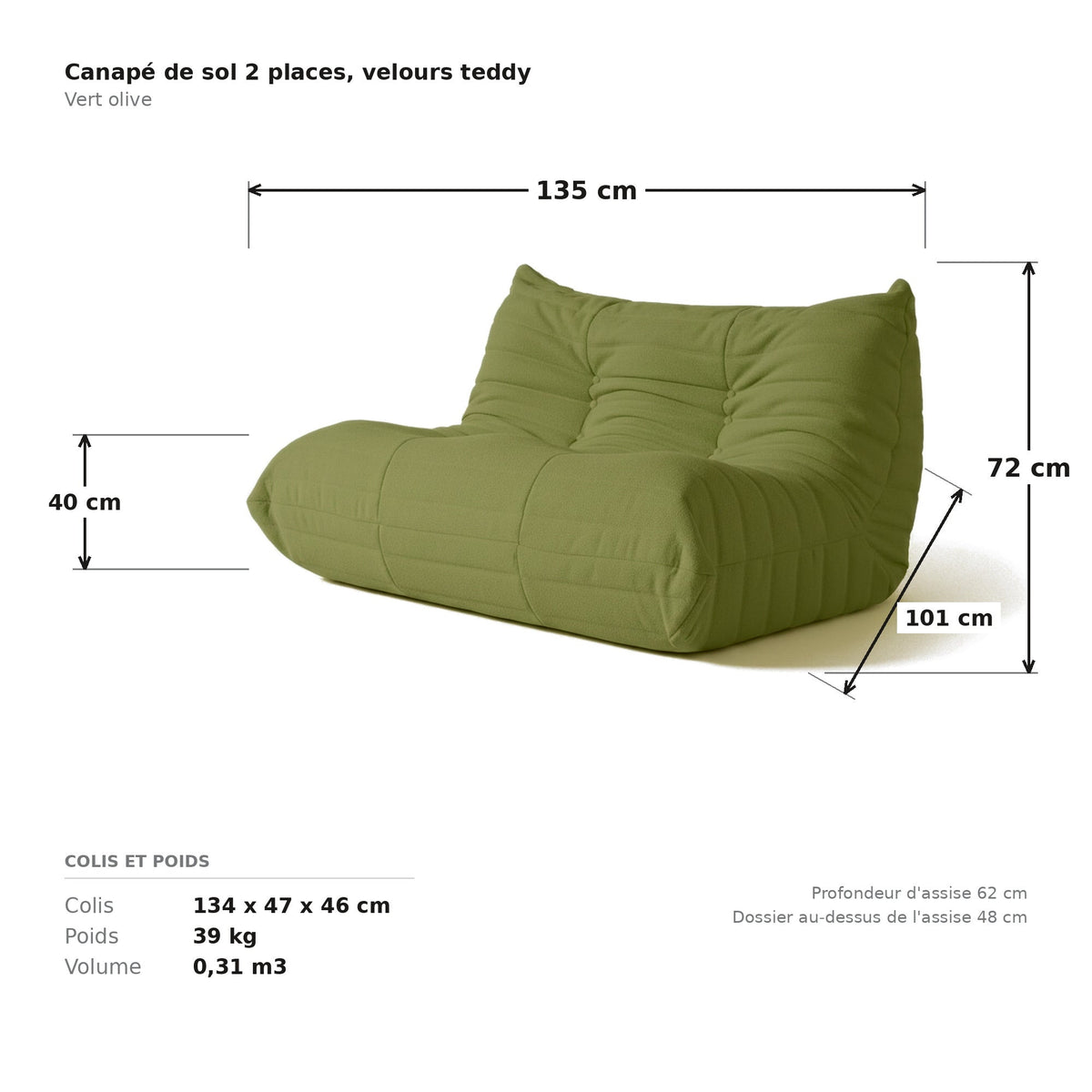 Canapé de sol 2 places, cotes et dimensions du colis, velours teddy vert olive