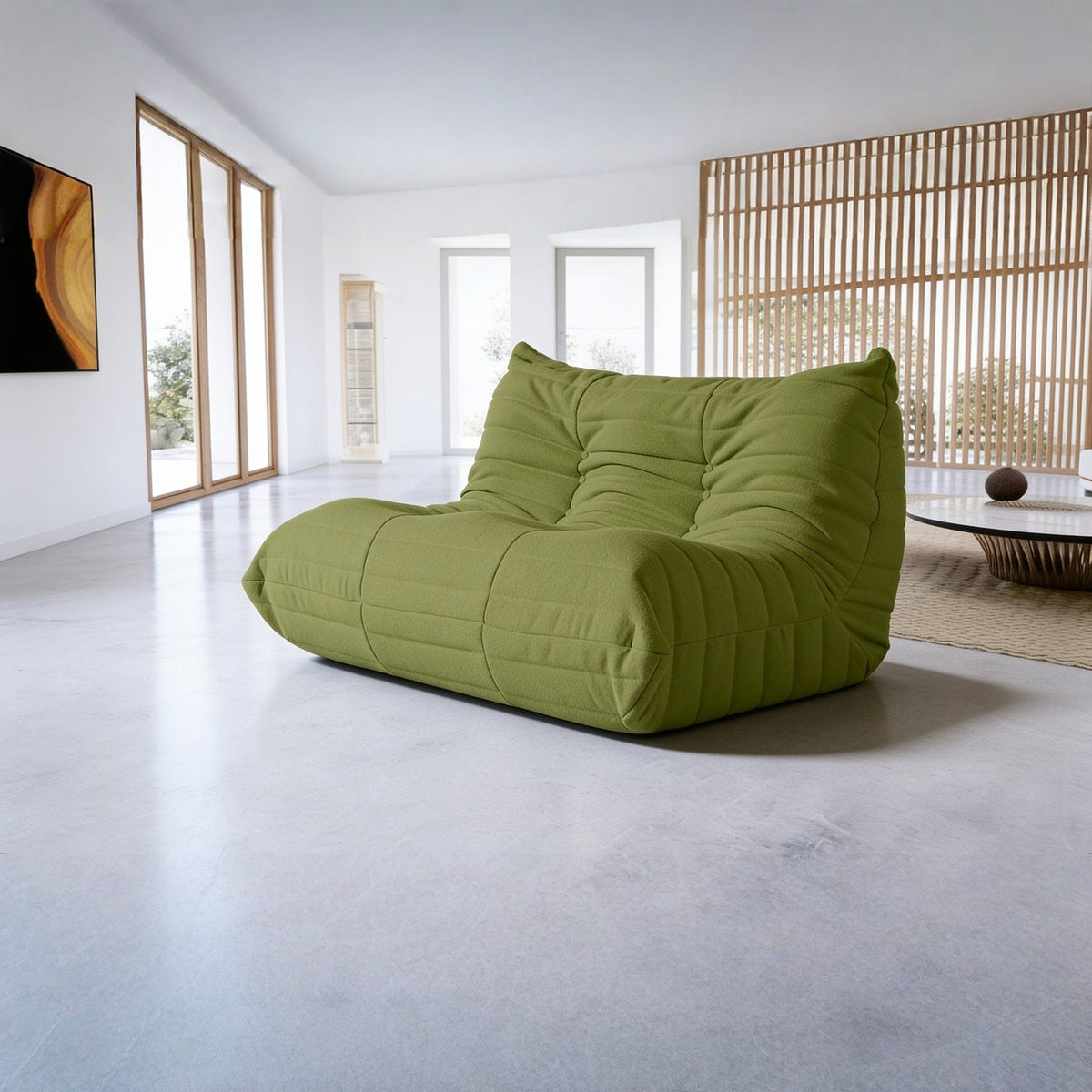 Canapé modulable bas 2 places, velours teddy vert olive, en situation dans un intérieur