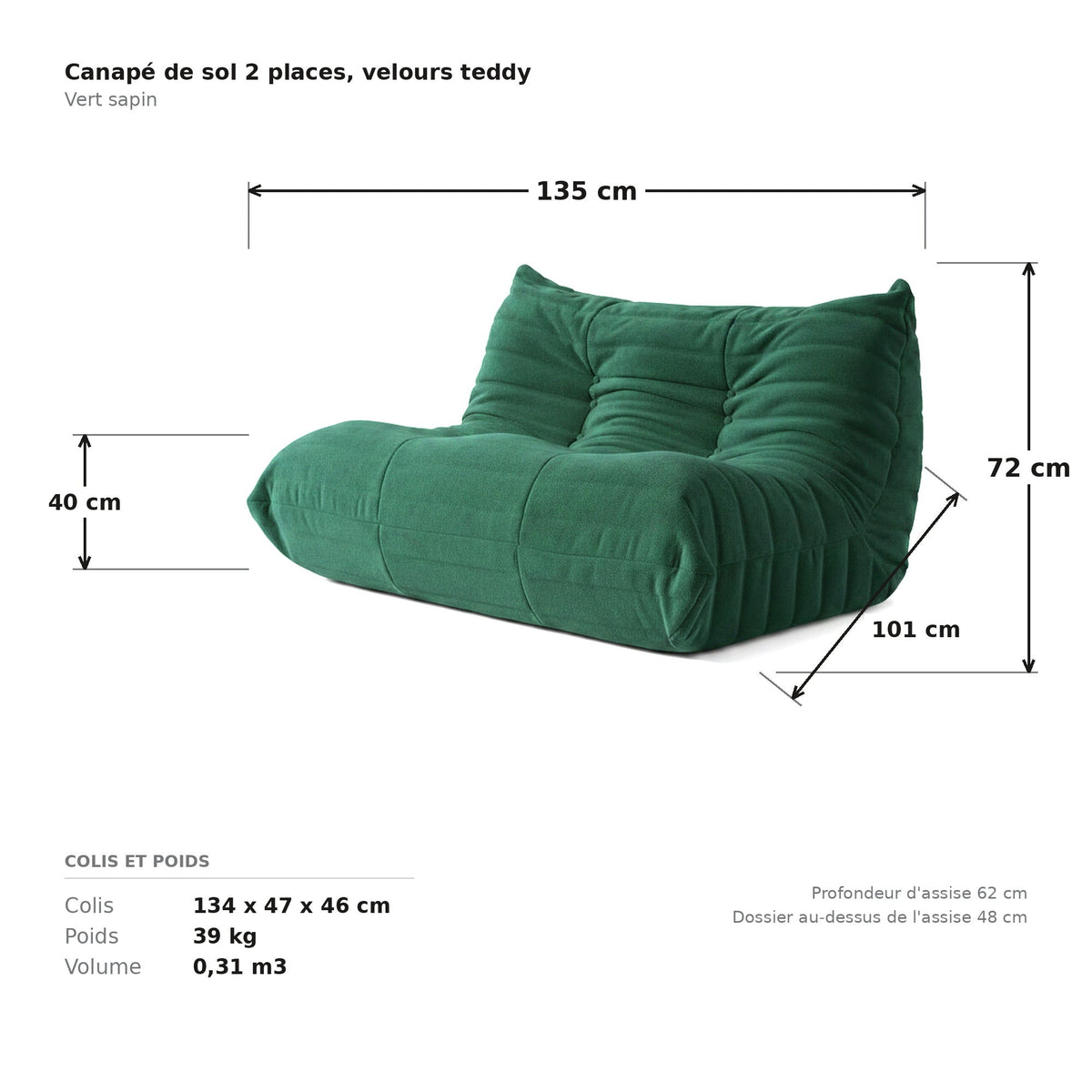 Canapé de sol 2 places, cotes et dimensions du colis, velours teddy vert sapin