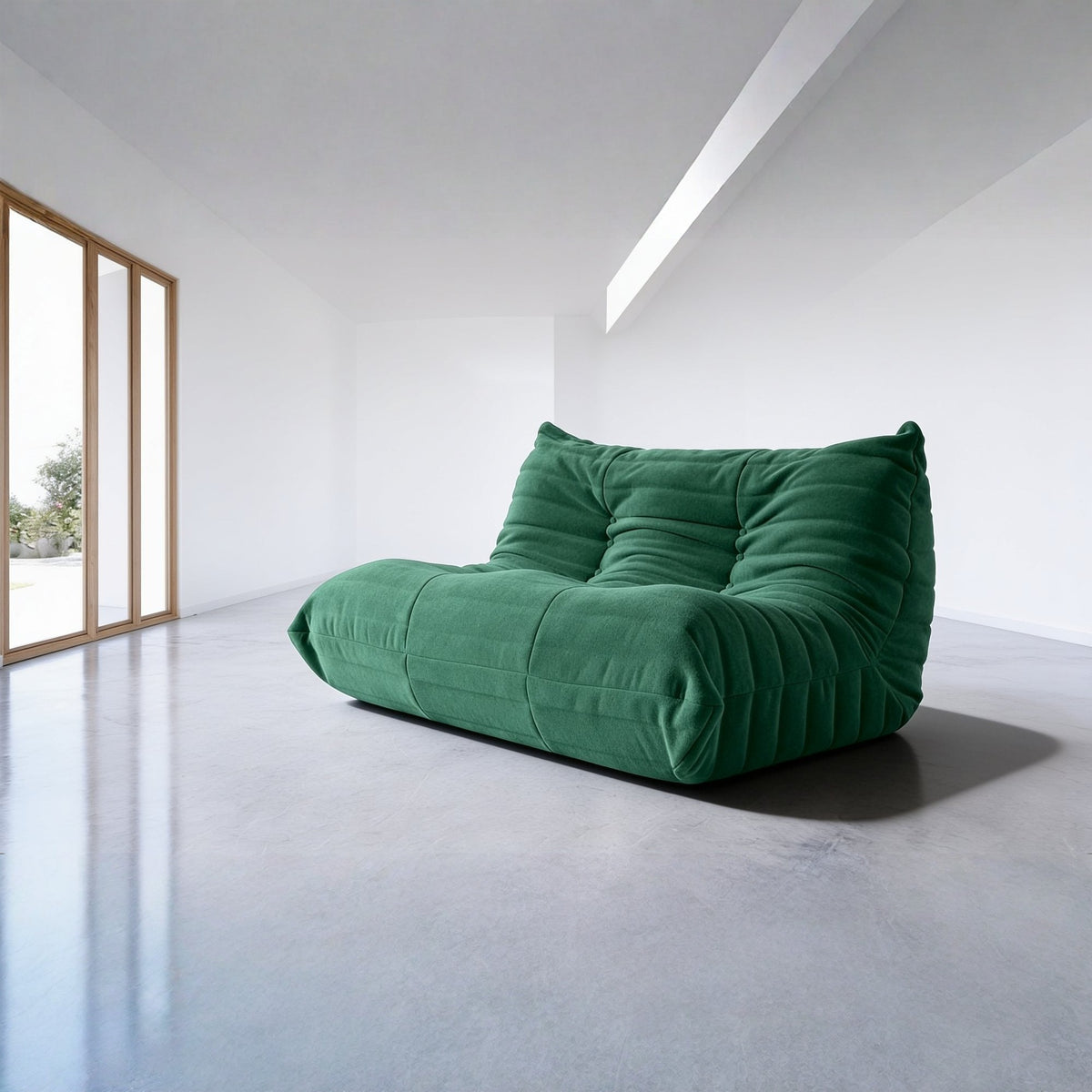 Canapé modulable bas 2 places, velours teddy vert sapin, en situation dans un intérieur