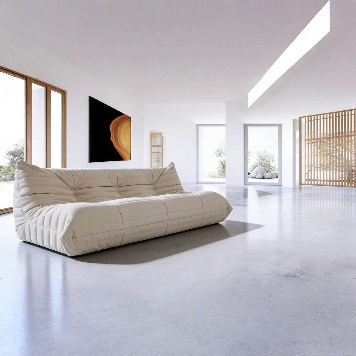 Canapé modulable bas 3 places, velours teddy blanc écru, en situation dans un intérieur