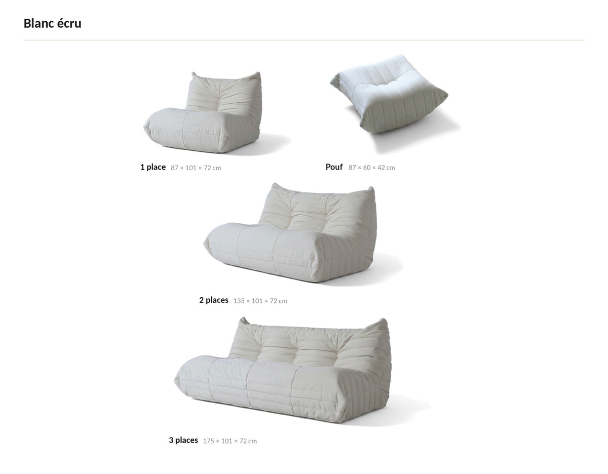 Canapé modulable bas 3 places, les quatre tailles de la gamme en velours teddy blanc écru