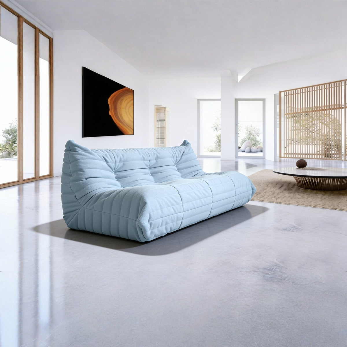 Canapé modulable bas 3 places, velours teddy bleu ciel, en situation dans un intérieur