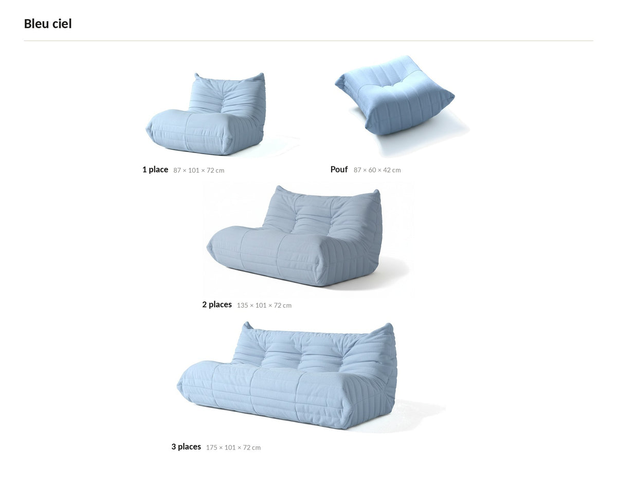 Canapé modulable bas 3 places, les quatre tailles de la gamme en velours teddy bleu ciel