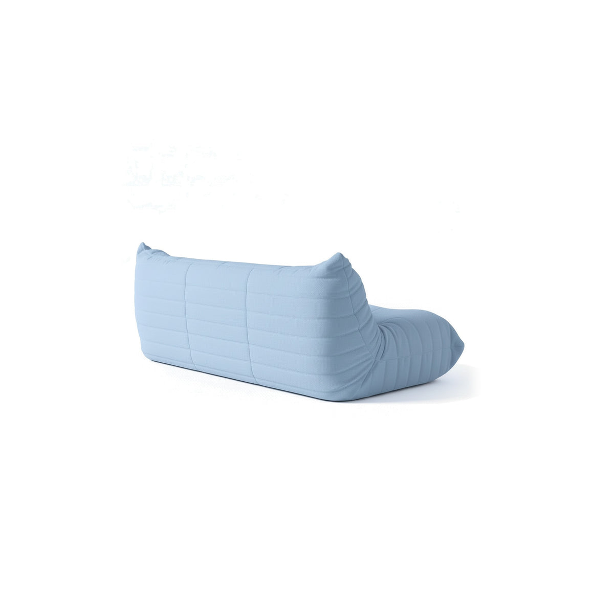 Canapé modulable bas 3 places, velours teddy bleu ciel, vue de trois quarts arrière
