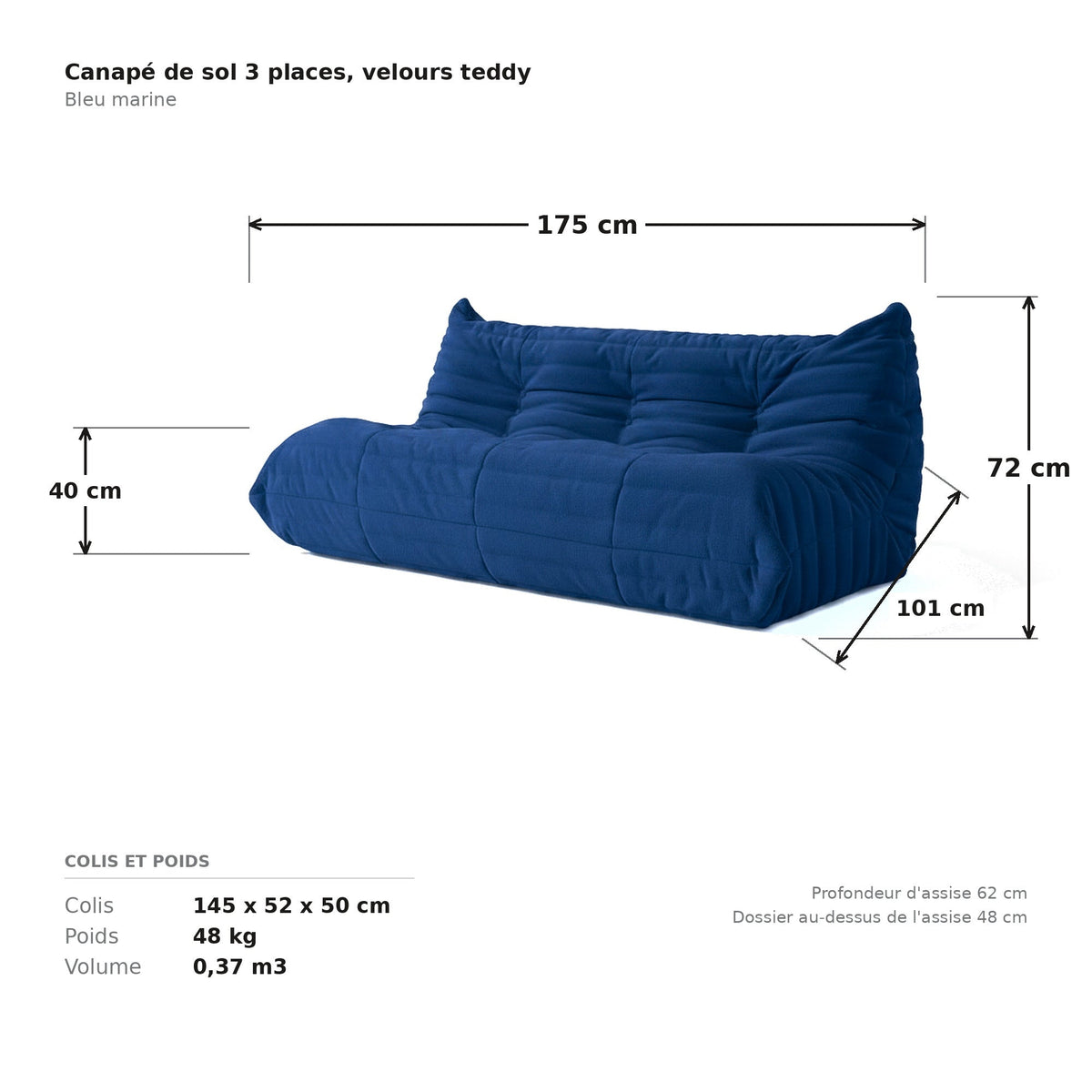 Canapé de sol 3 places, cotes et dimensions du colis, velours teddy bleu marine