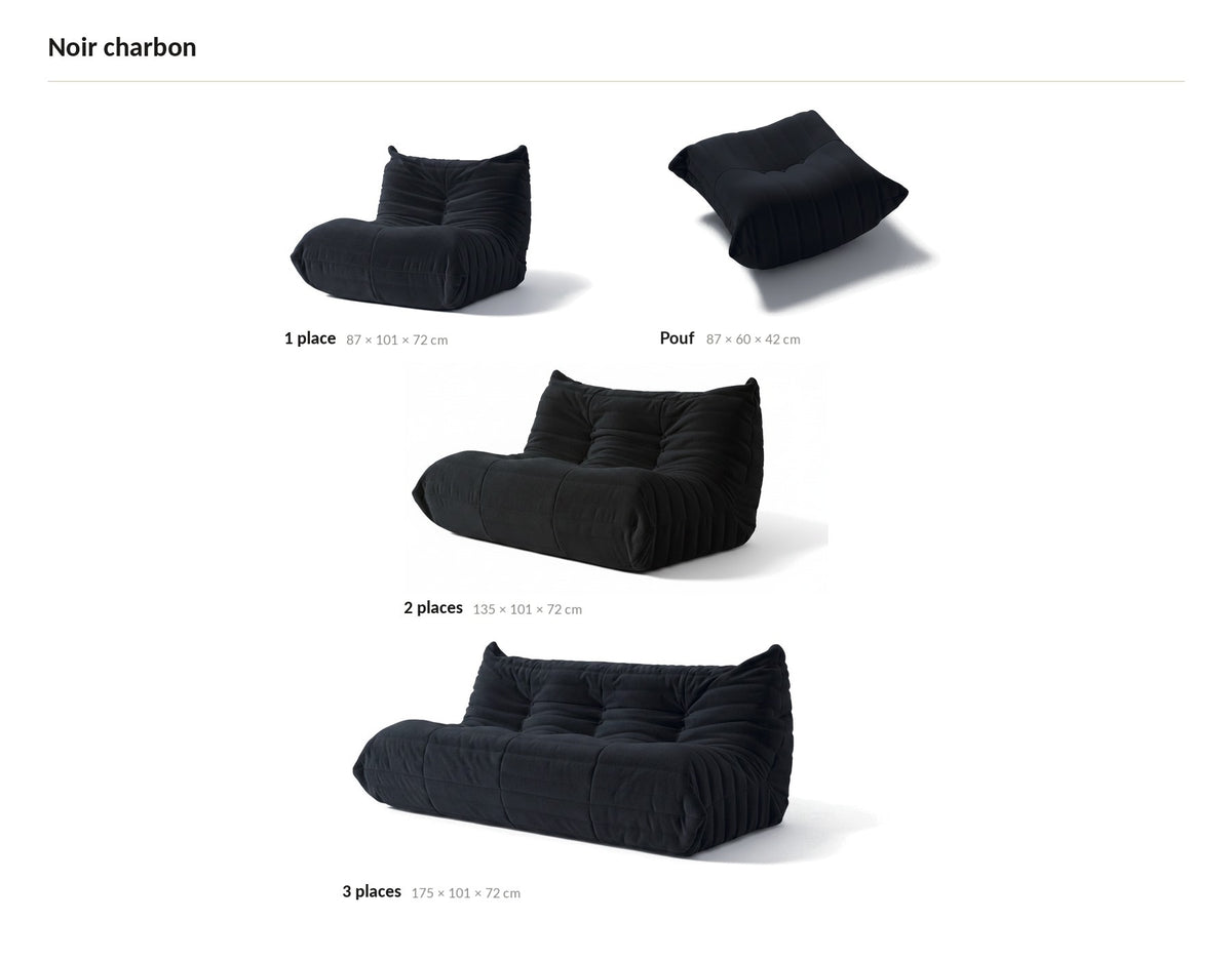 Canapé modulable bas 3 places, les quatre tailles de la gamme en velours teddy noir charbon