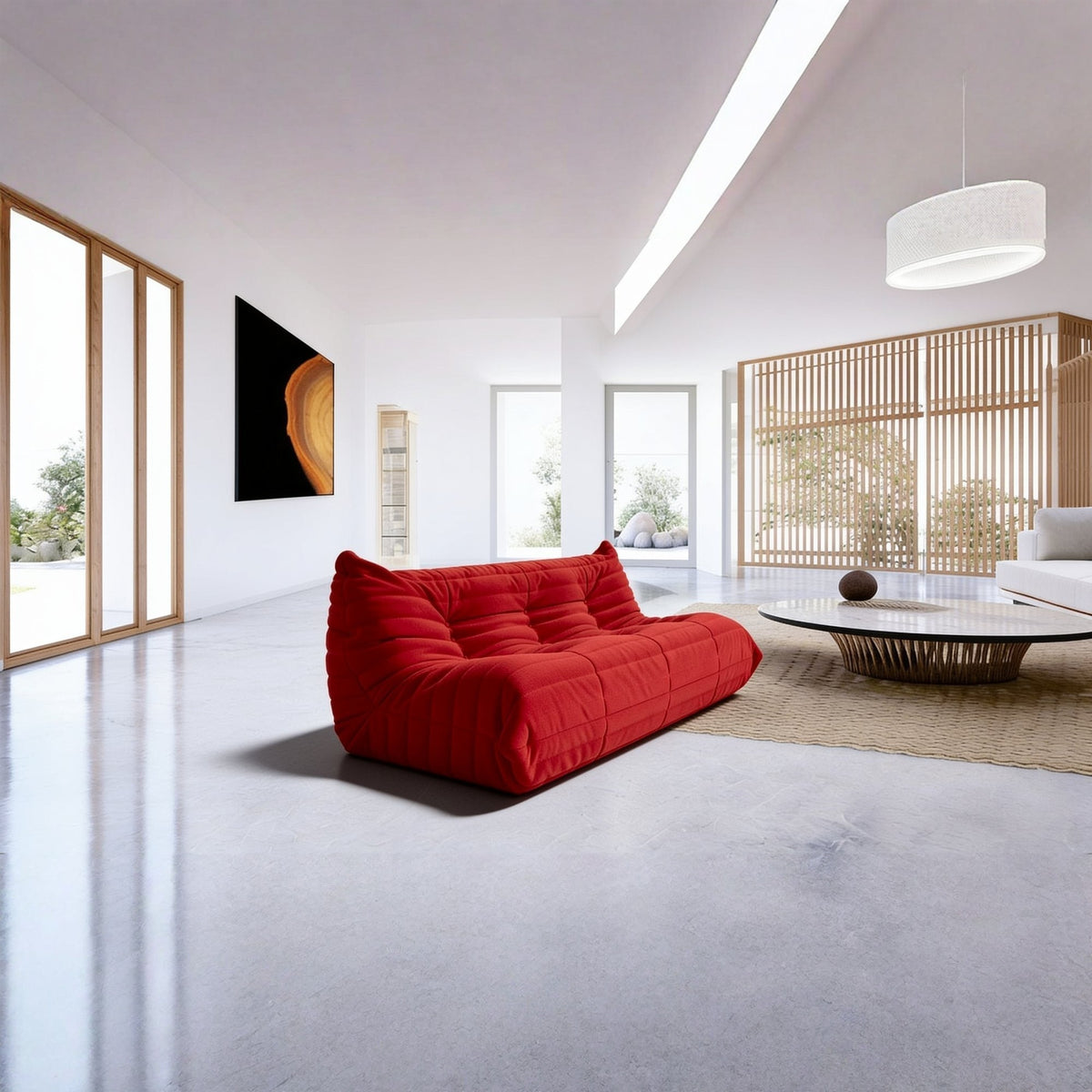 Canapé modulable bas 3 places, velours teddy rouge carmin, en situation dans un intérieur