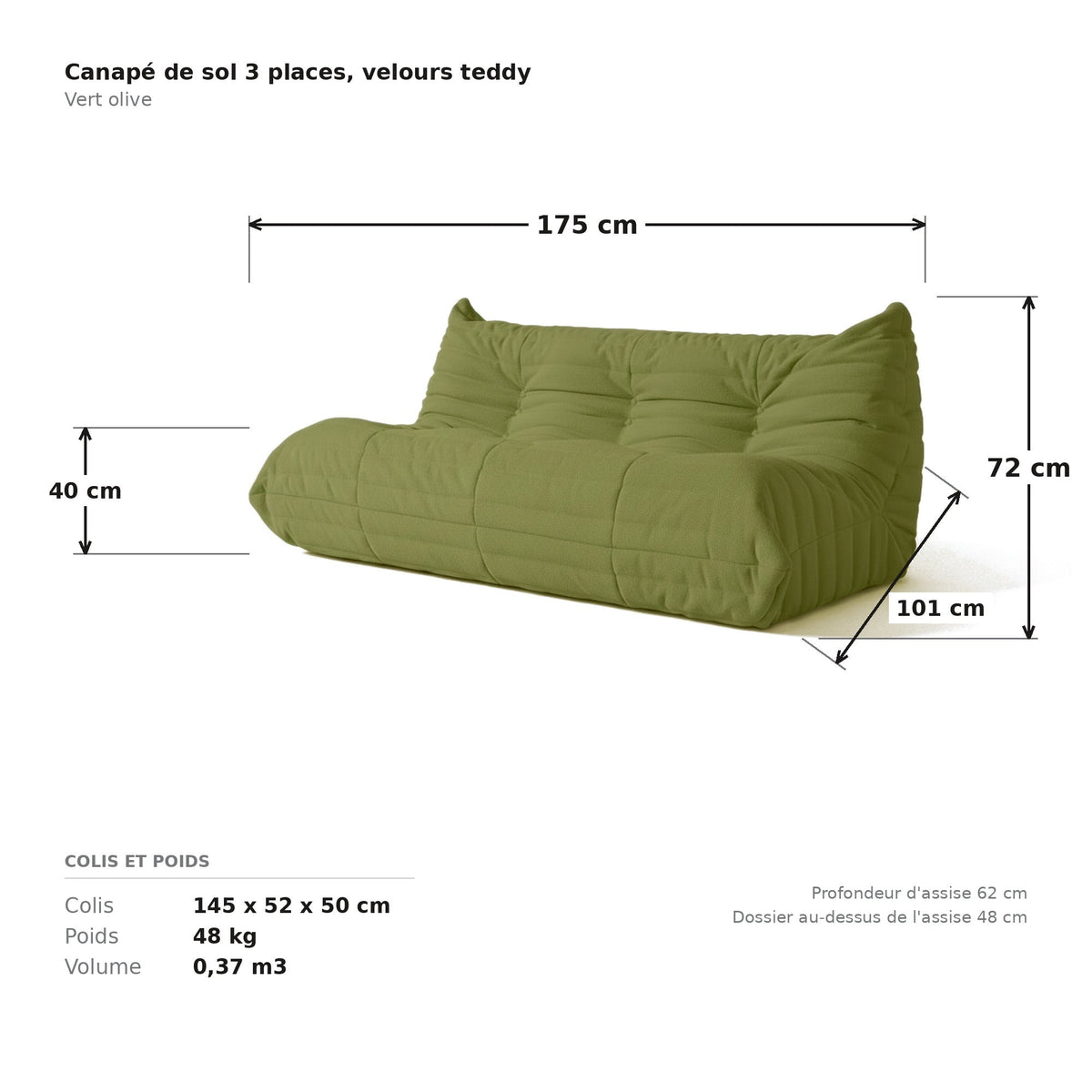 Canapé de sol 3 places, cotes et dimensions du colis, velours teddy vert olive
