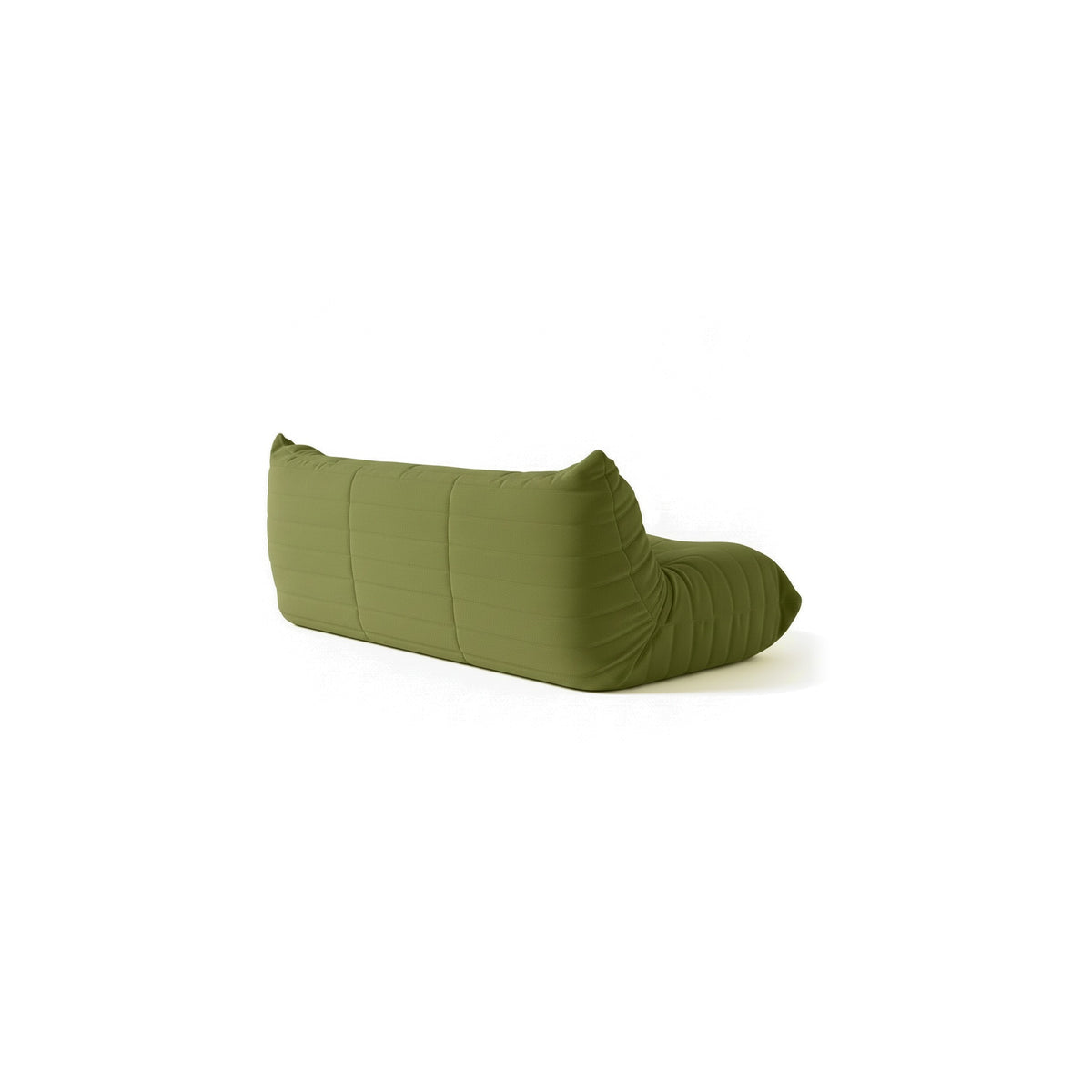 Canapé modulable bas 3 places, velours teddy vert olive, vue de trois quarts arrière