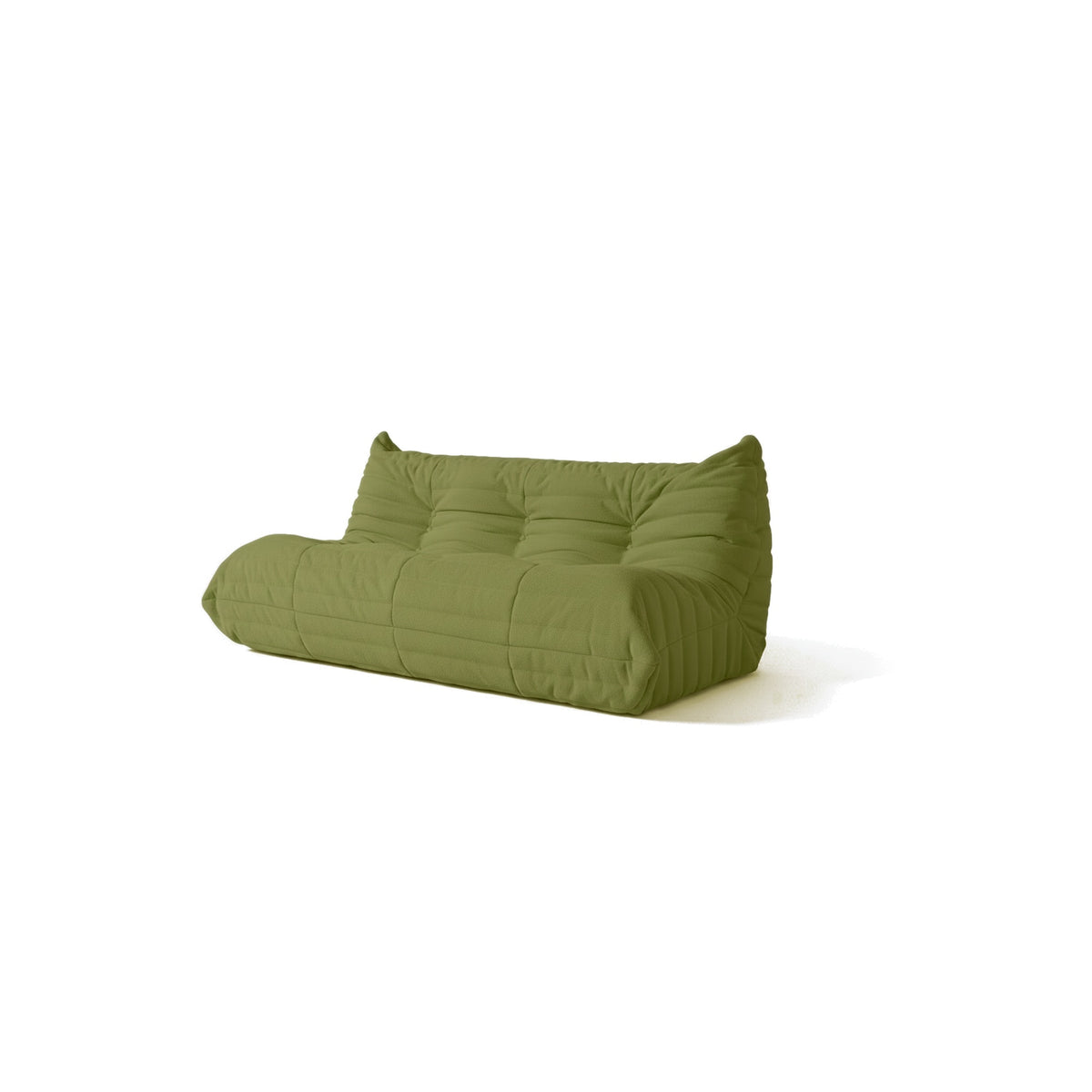 Canapé modulable bas 3 places, velours teddy vert olive, vue de trois quarts avant