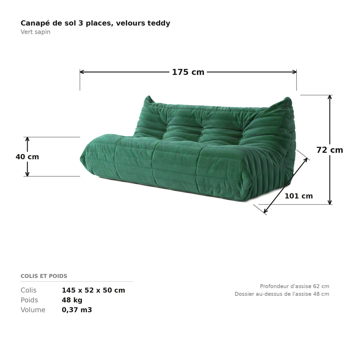 Canapé de sol 3 places, cotes et dimensions du colis, velours teddy vert sapin