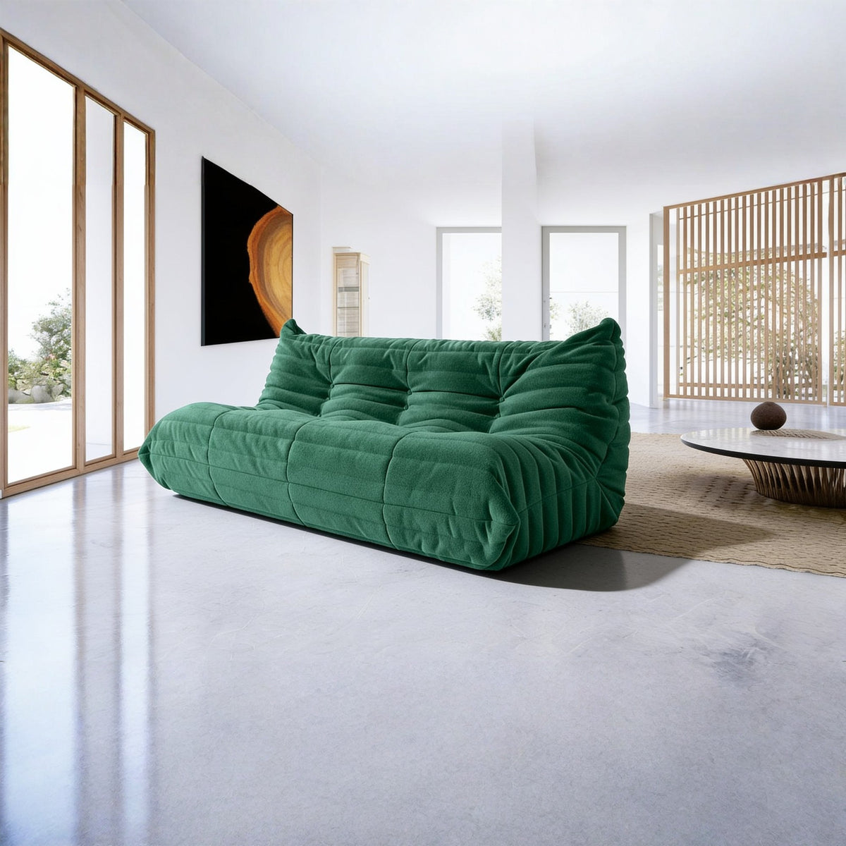 Canapé modulable bas 3 places, velours teddy vert sapin, en situation dans un intérieur