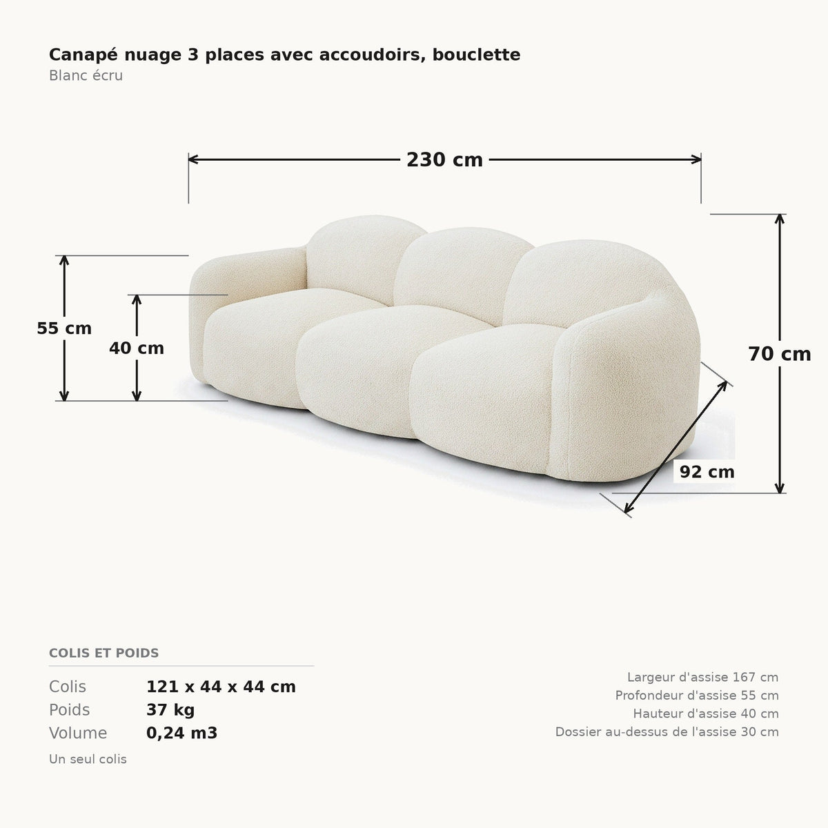 Canapé nuage 3 places avec accoudoirs, cotes et dimensions du colis, tissu bouclé blanc écru