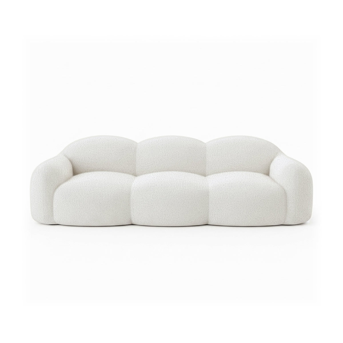 Canapé nuage 3 places avec accoudoirs, tissu bouclé blanc écru, vue de face