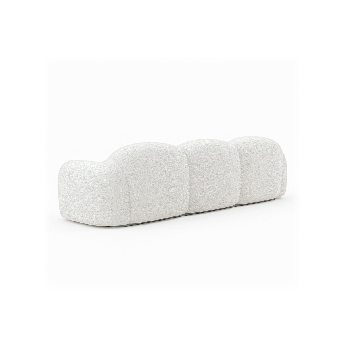 Canapé nuage 3 places avec accoudoirs, tissu bouclé blanc écru, vue de trois quarts arrière