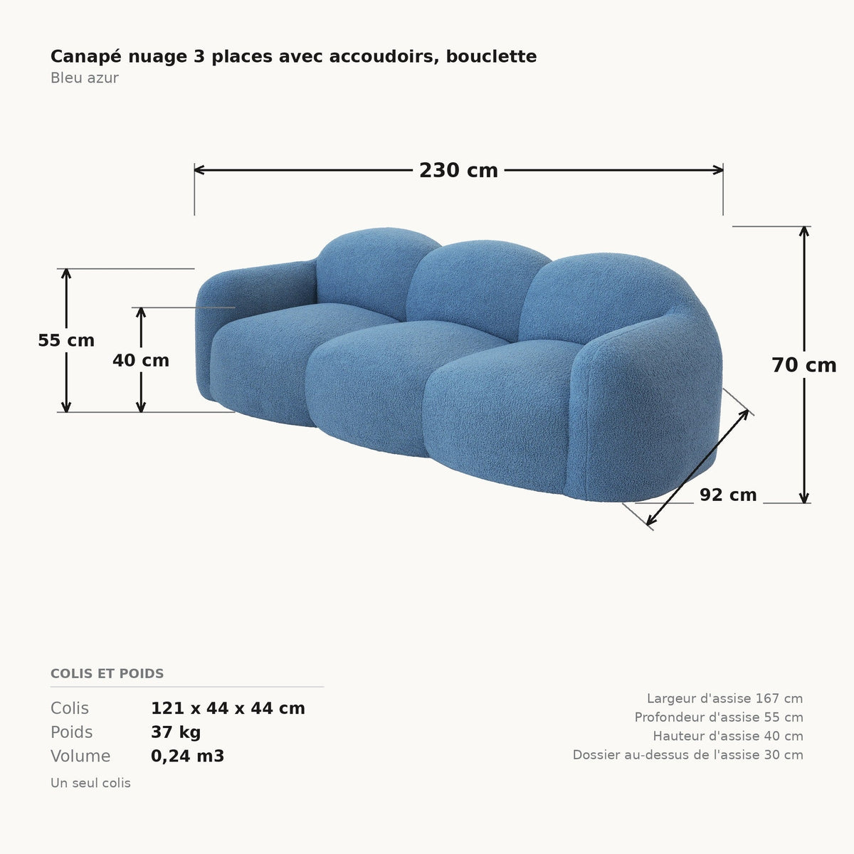 Canapé nuage 3 places avec accoudoirs, cotes et dimensions du colis, tissu bouclé bleu azur
