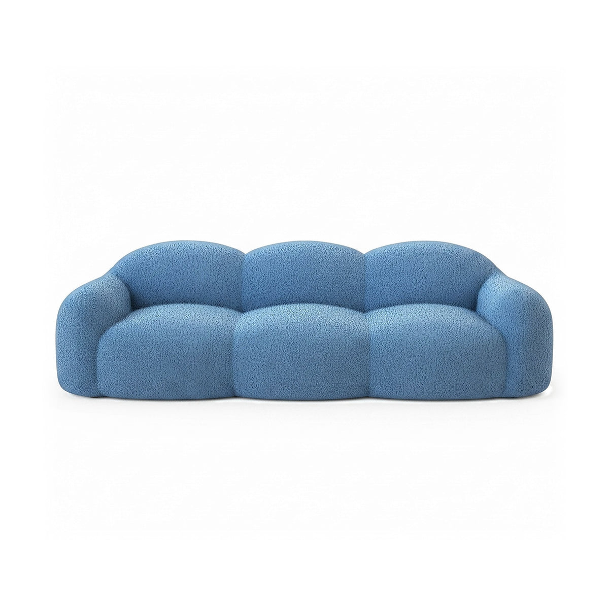 Canapé nuage 3 places avec accoudoirs, tissu bouclé bleu azur, vue de face