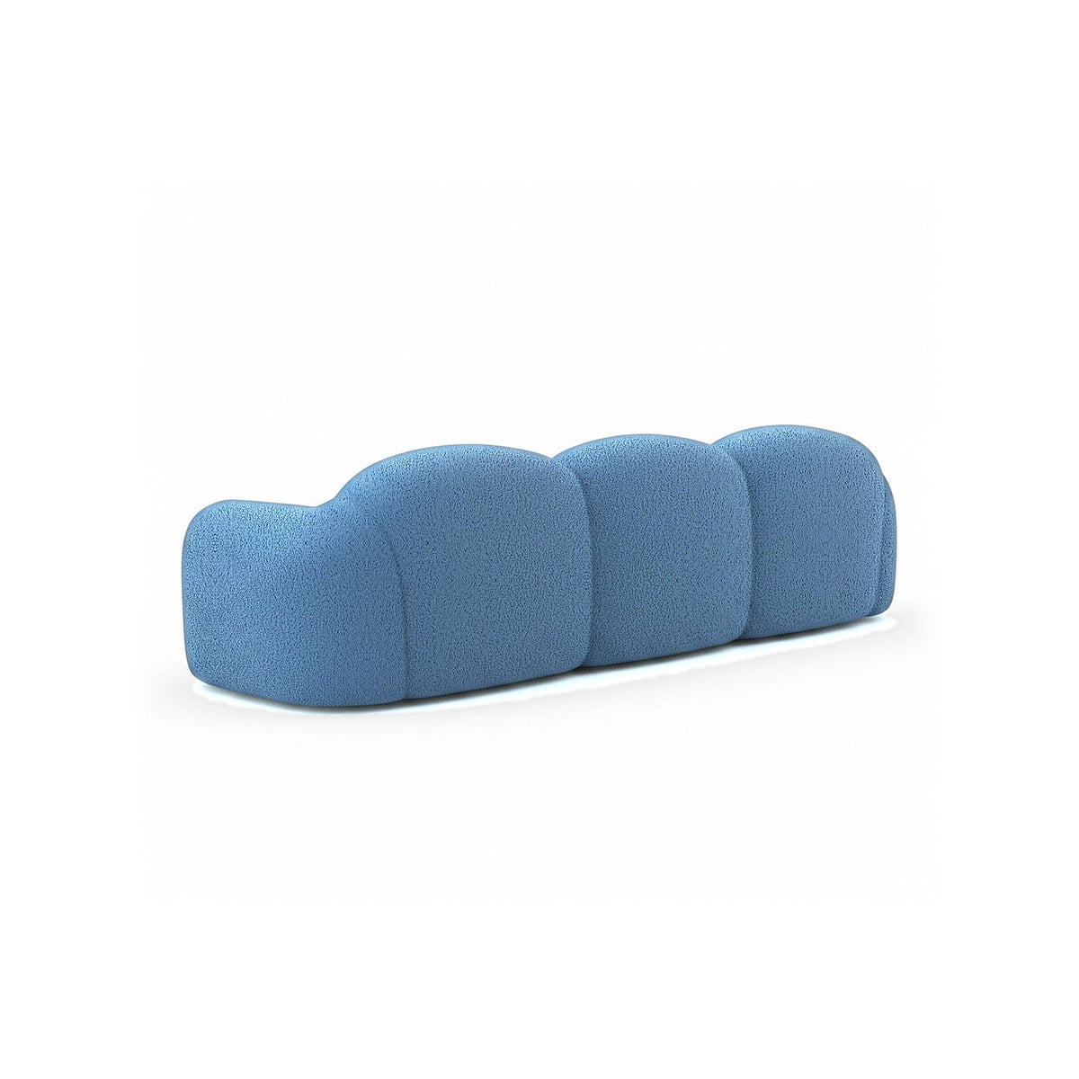 Canapé nuage 3 places avec accoudoirs, tissu bouclé bleu azur, vue de trois quarts arrière