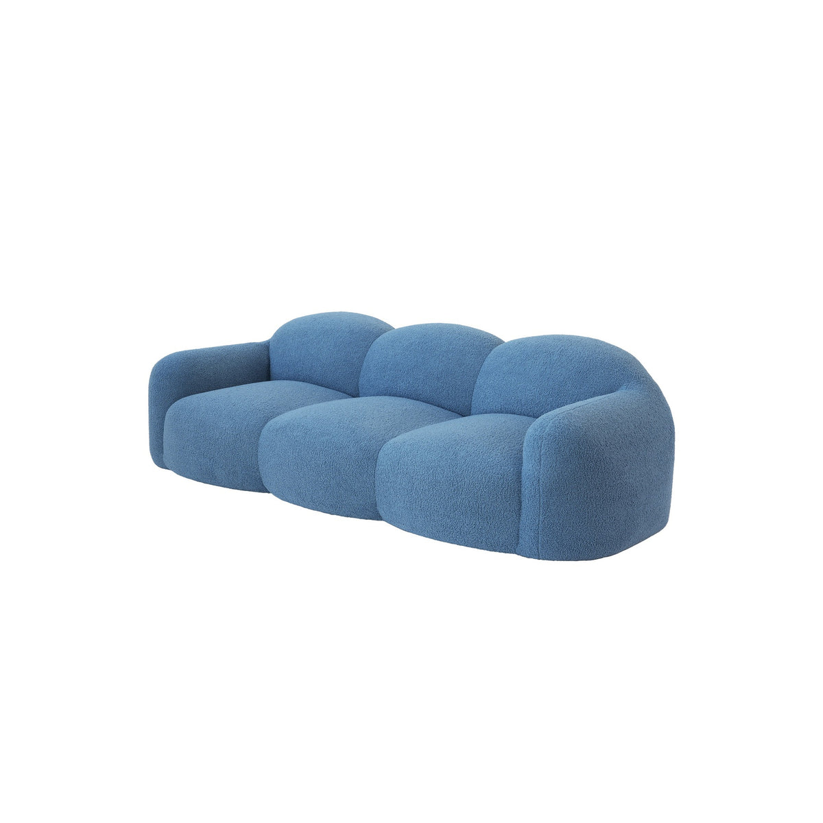 Canapé nuage 3 places avec accoudoirs, tissu bouclé bleu azur, vue de trois quarts avant