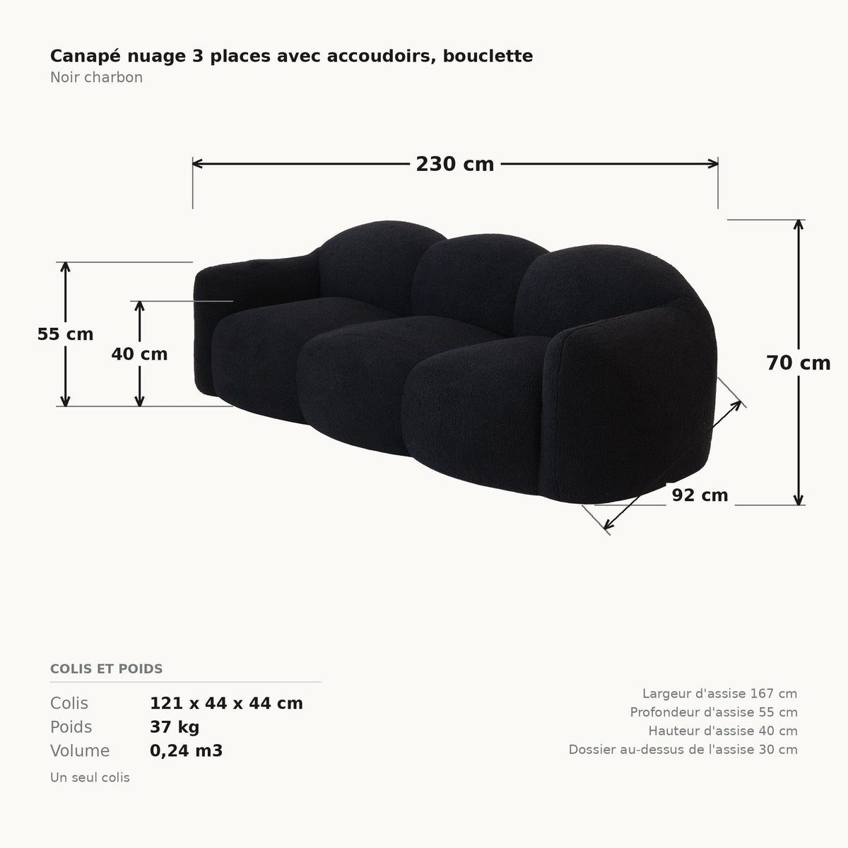 Canapé nuage 3 places avec accoudoirs, cotes et dimensions du colis, tissu bouclé noir charbon