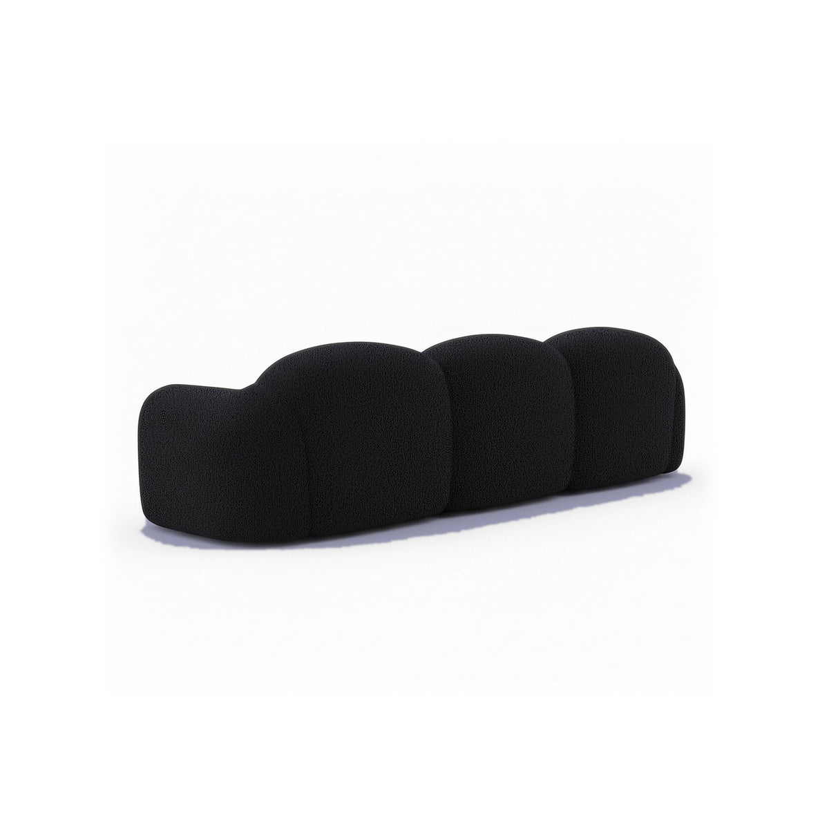 Canapé nuage 3 places avec accoudoirs, tissu bouclé noir charbon, vue de trois quarts arrière