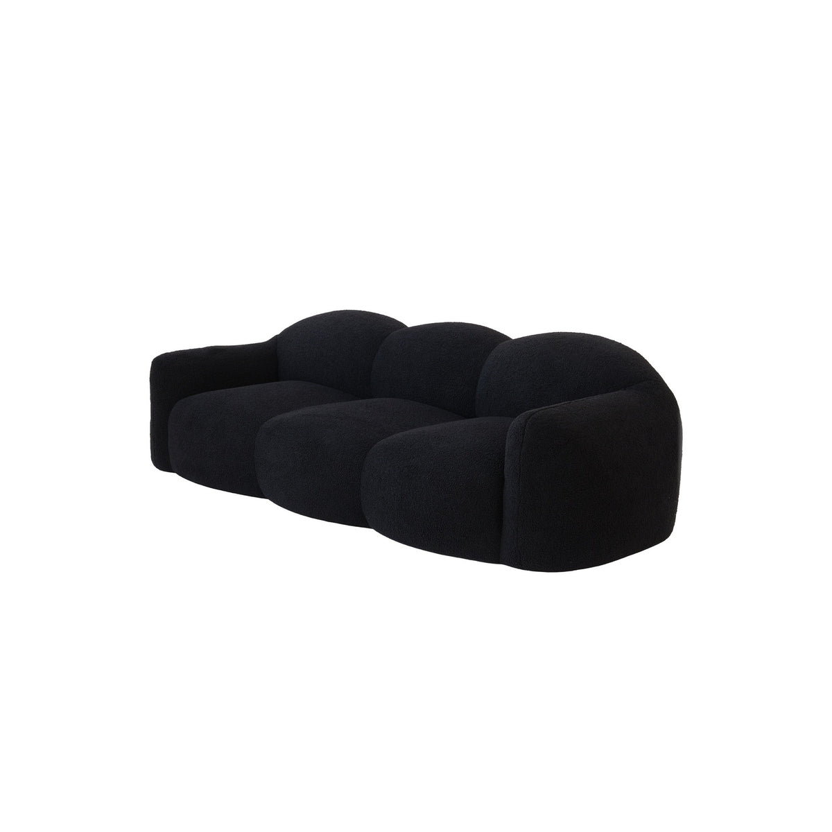 Canapé nuage 3 places avec accoudoirs, tissu bouclé noir charbon, vue de trois quarts avant