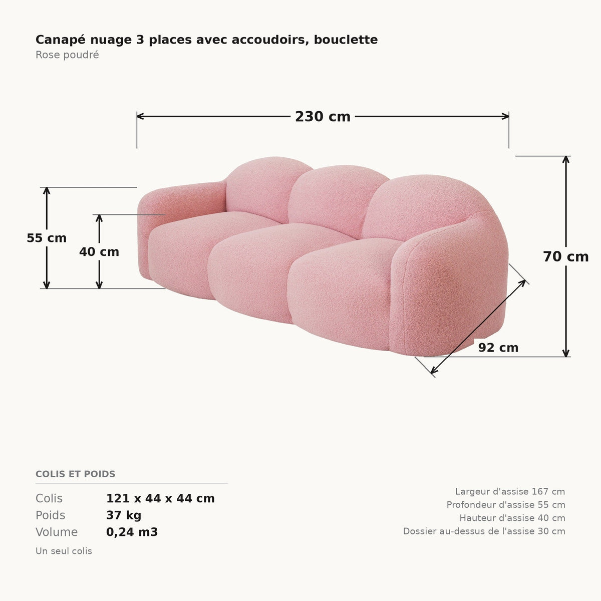 Canapé nuage 3 places avec accoudoirs, cotes et dimensions du colis, tissu bouclé rose poudré