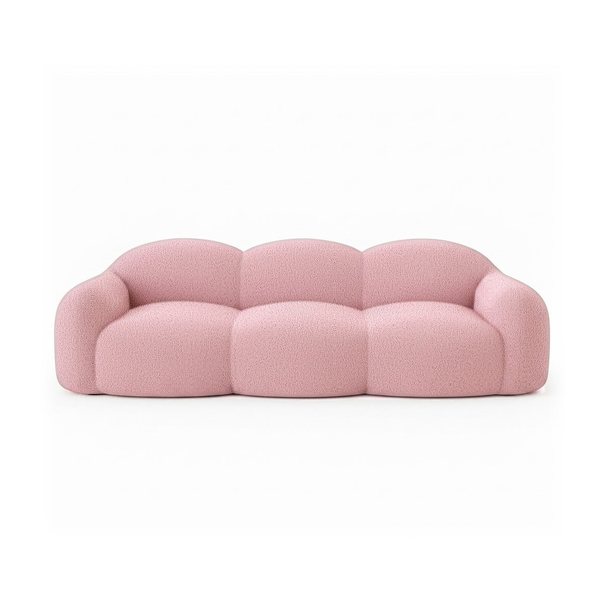 Canapé nuage 3 places avec accoudoirs, tissu bouclé rose poudré, vue de face