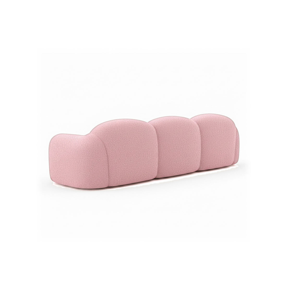 Canapé nuage 3 places avec accoudoirs, tissu bouclé rose poudré, vue de trois quarts arrière