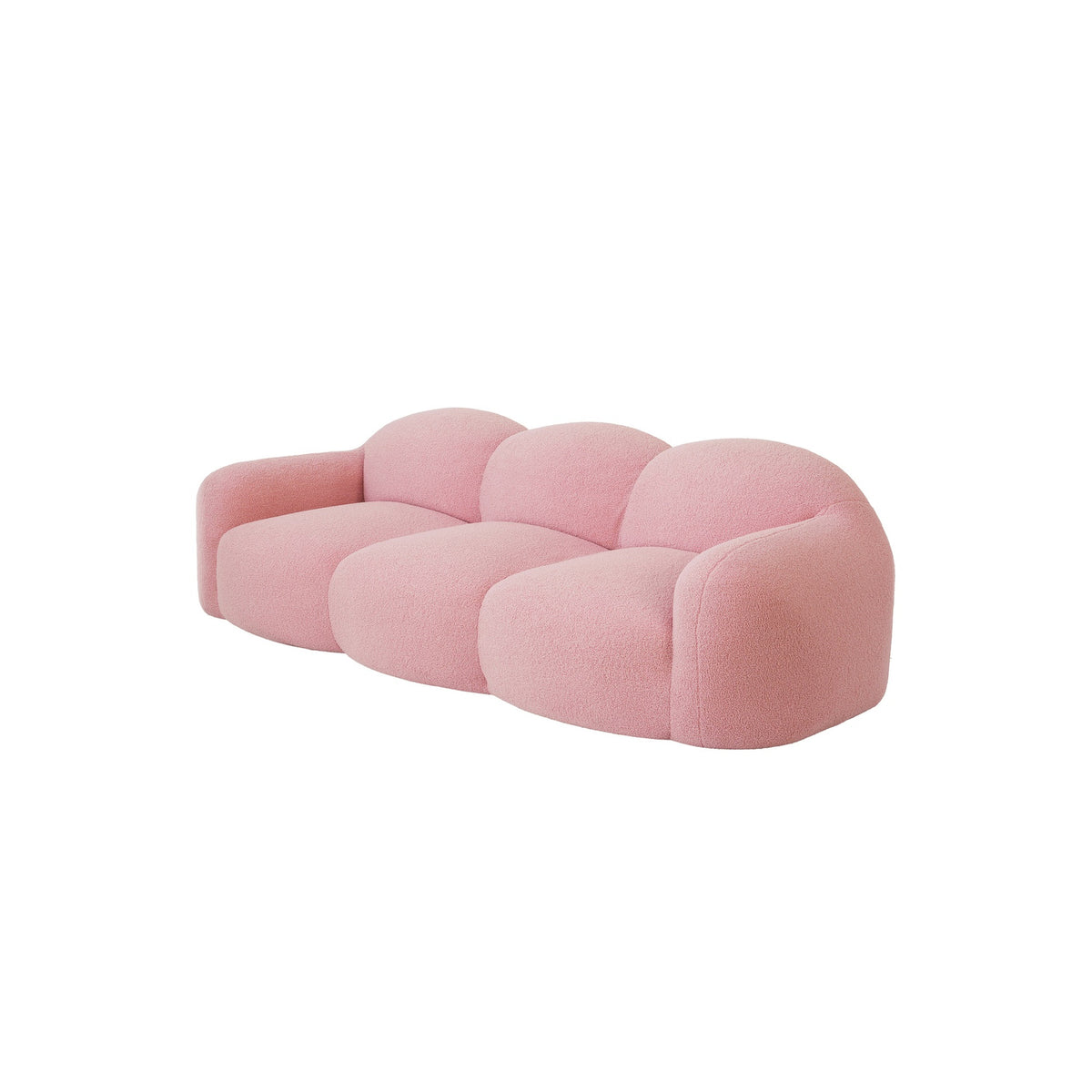 Canapé nuage 3 places avec accoudoirs, tissu bouclé rose poudré, vue de trois quarts avant