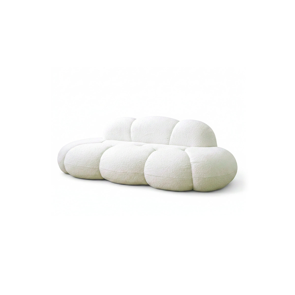 Canapé nuage 3 places sans accoudoir, tissu bouclé blanc écru, vue de trois quarts avant