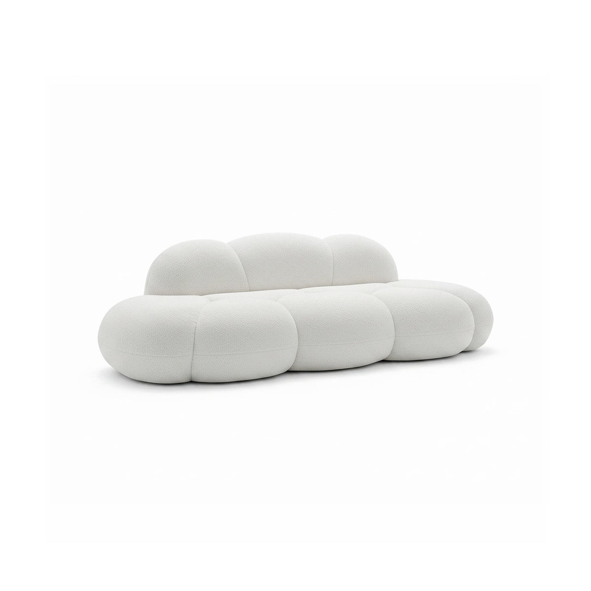 Canapé nuage 3 places sans accoudoir, tissu bouclé blanc écru, vue de trois quarts sur fond neutre