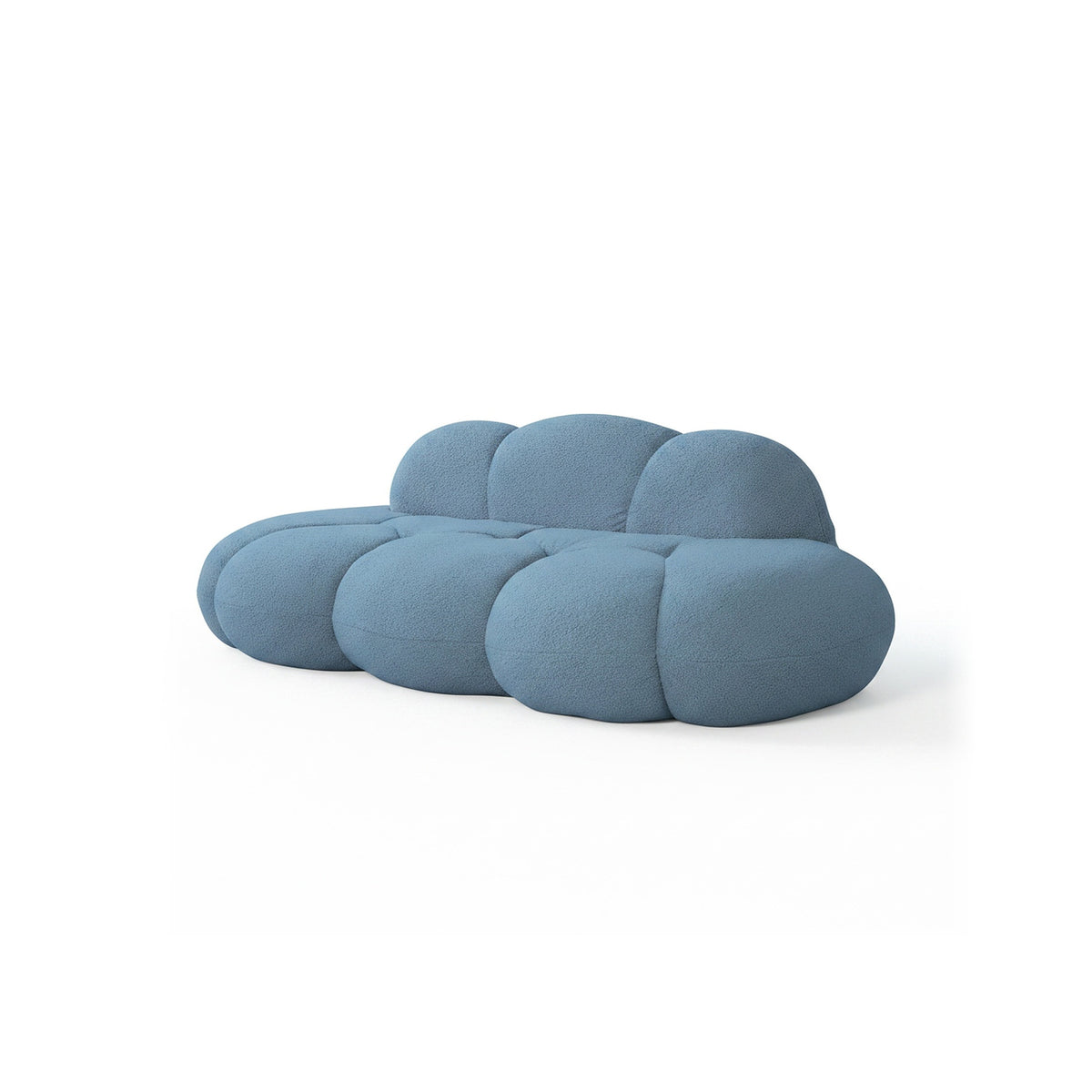 Canapé nuage 3 places sans accoudoir, tissu bouclé bleu azur, vue de trois quarts avant