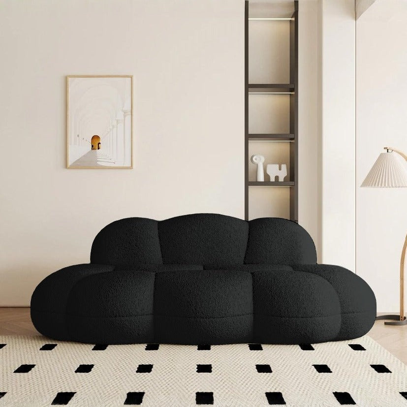 Canapé nuage 3 places sans accoudoir, tissu bouclé noir charbon, vue de face