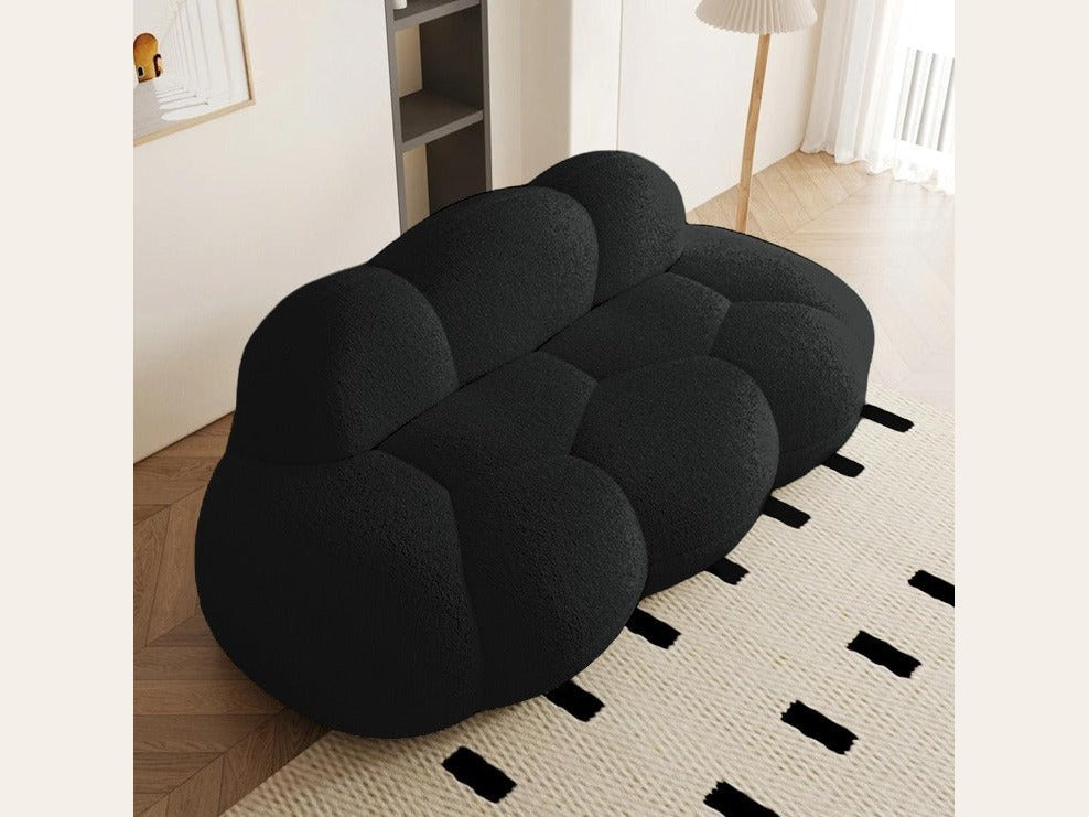 Canapé nuage 3 places sans accoudoir, tissu bouclé noir charbon, vue de trois quarts
