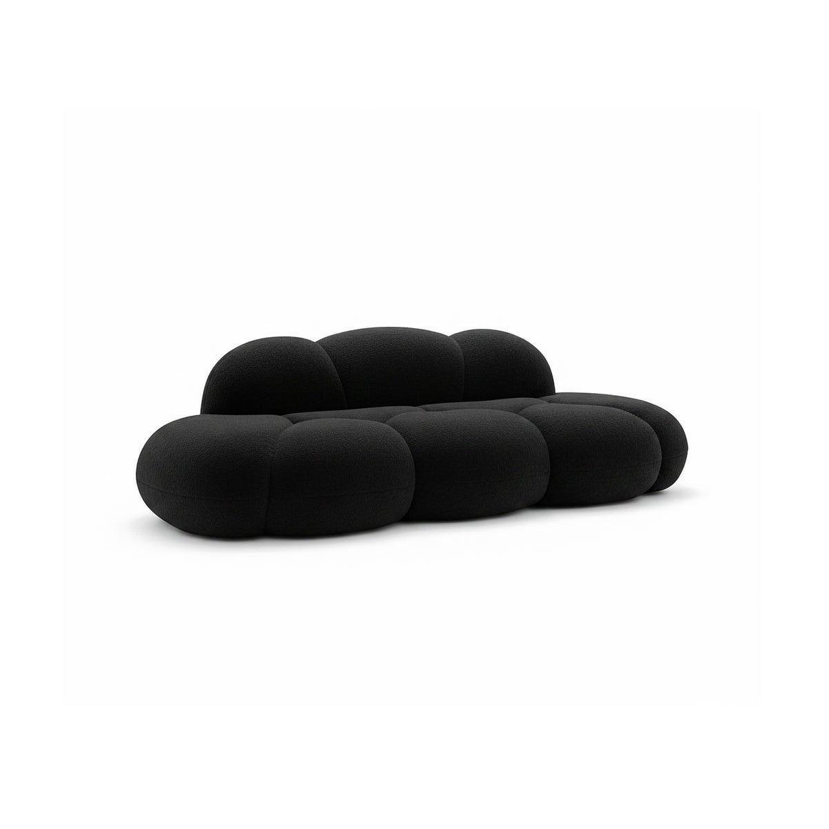Canapé nuage 3 places sans accoudoir, tissu bouclé noir charbon, vue de trois quarts sur fond neutre
