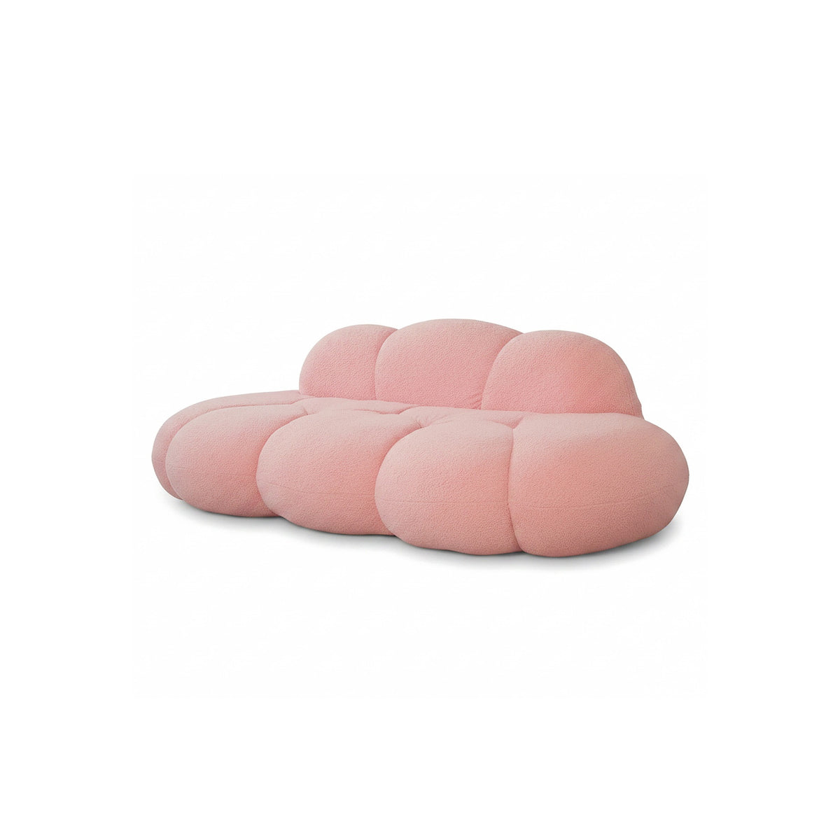 Canapé nuage 3 places sans accoudoir, tissu bouclé rose poudré, vue de trois quarts avant