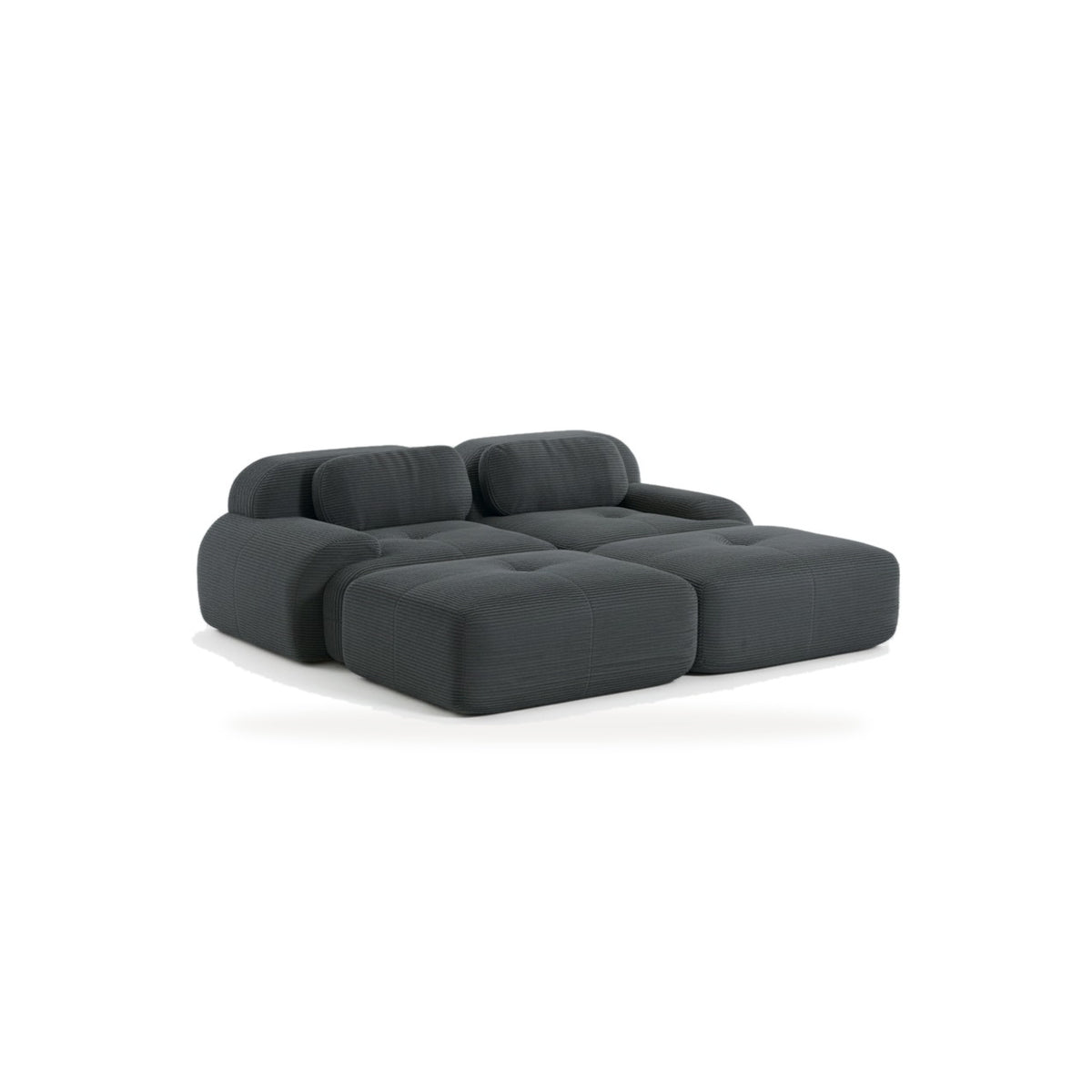 Canapé 2 places avec poufs gris, vue de face sur fond blanc