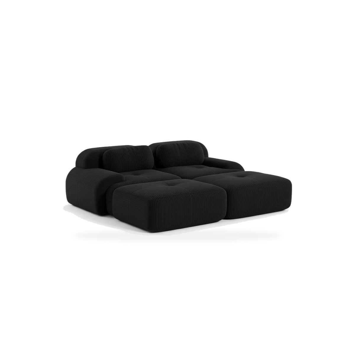 Canapé 2 places avec poufs noir, vue de face sur fond blanc