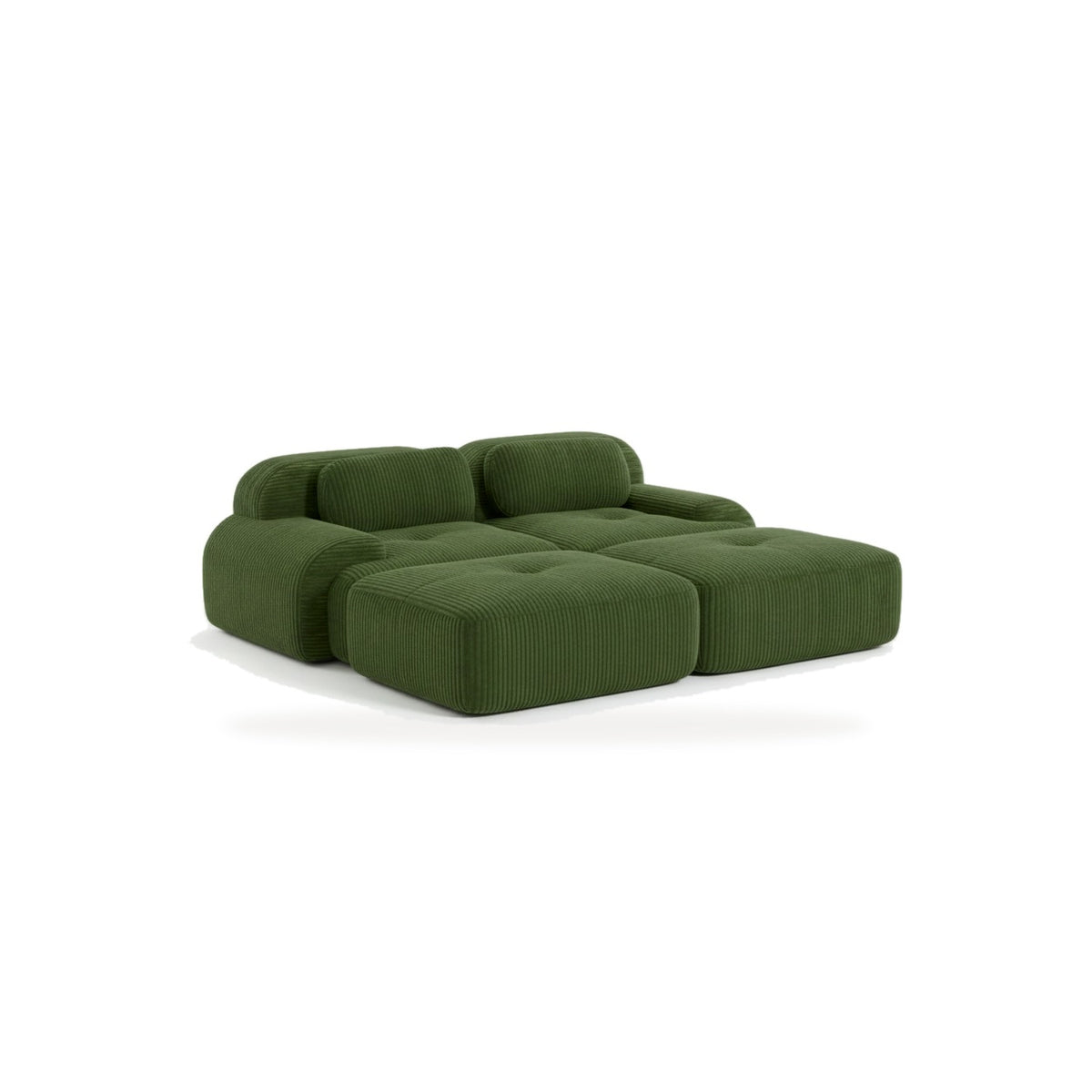 Canapé 2 places avec poufs vert, vue de face sur fond blanc