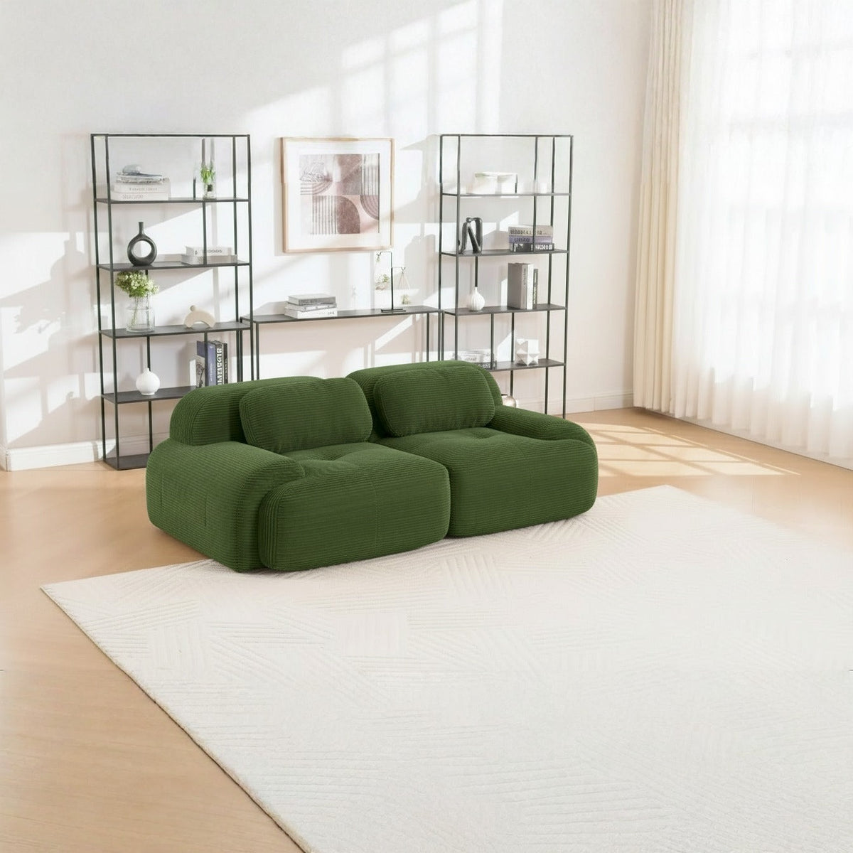 Canapé modulaire 2 places vert, de trois quarts dans un salon