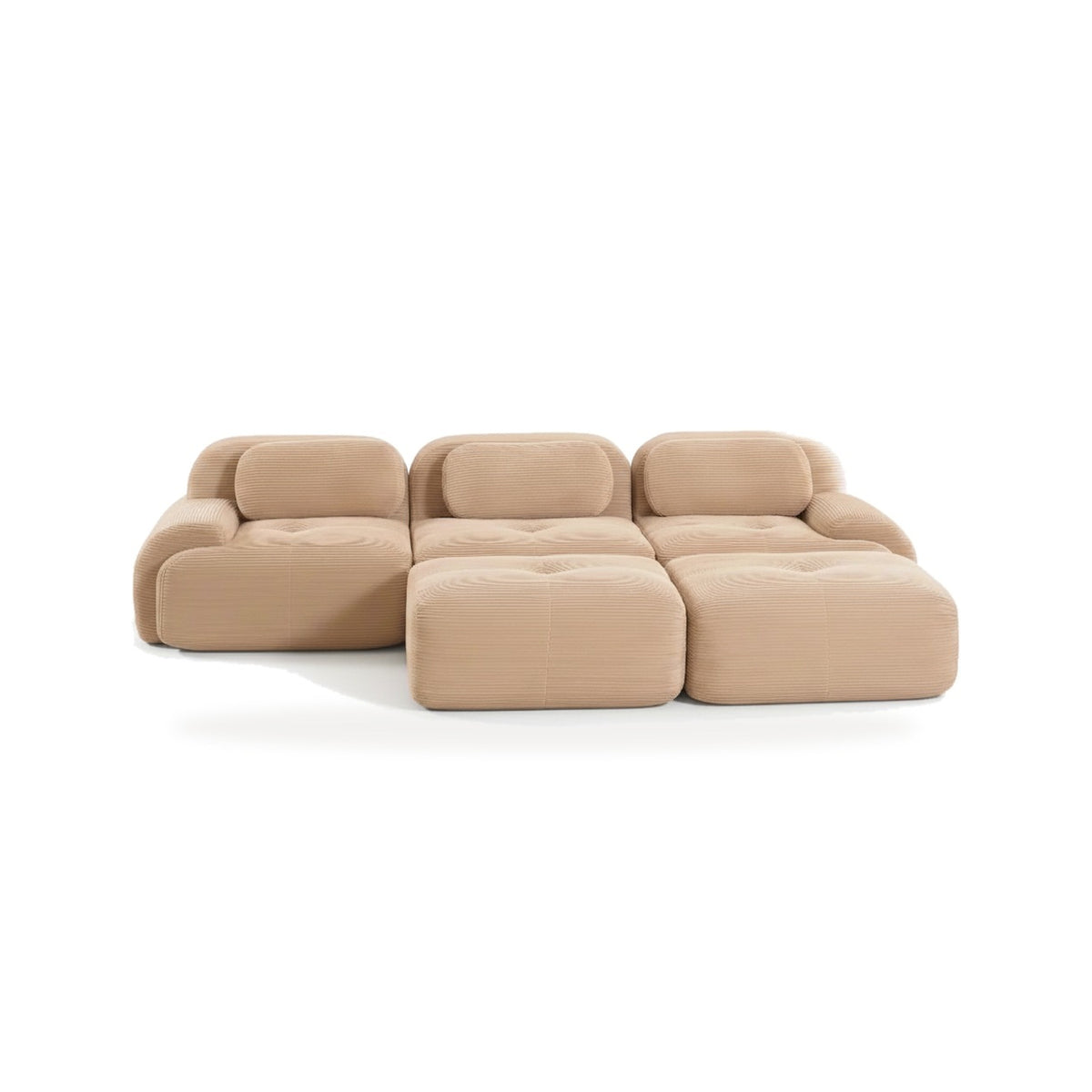 Canapé 3 places avec poufs beige, vue de face sur fond blanc