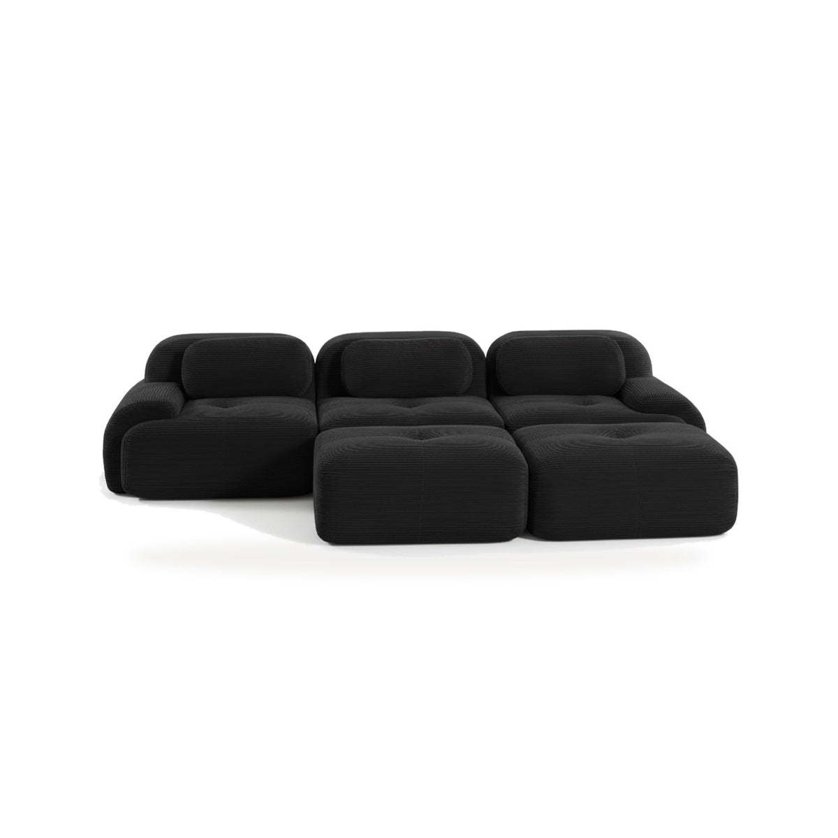 Canapé 3 places avec poufs noir, vue de face sur fond blanc
