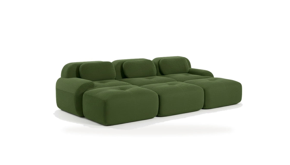 Canapé profond 3 places vert, vue de trois quarts sur fond blanc