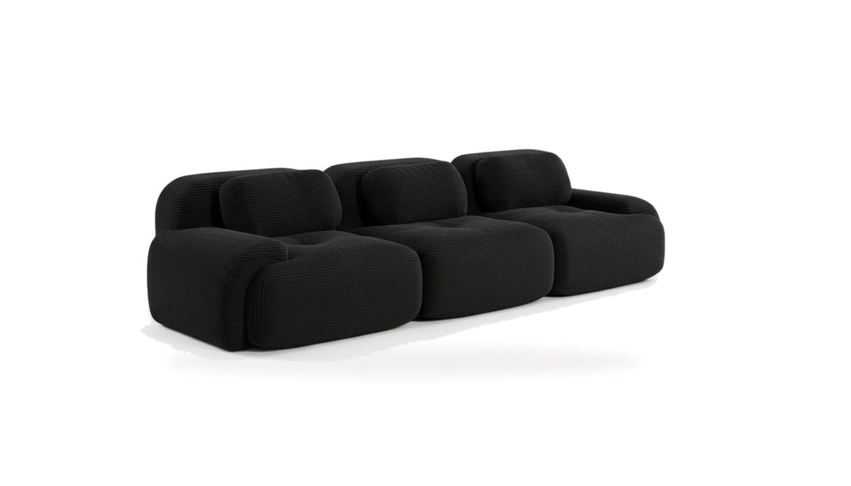 Canapé modulaire 3 places noir, vue de trois quarts sur fond blanc