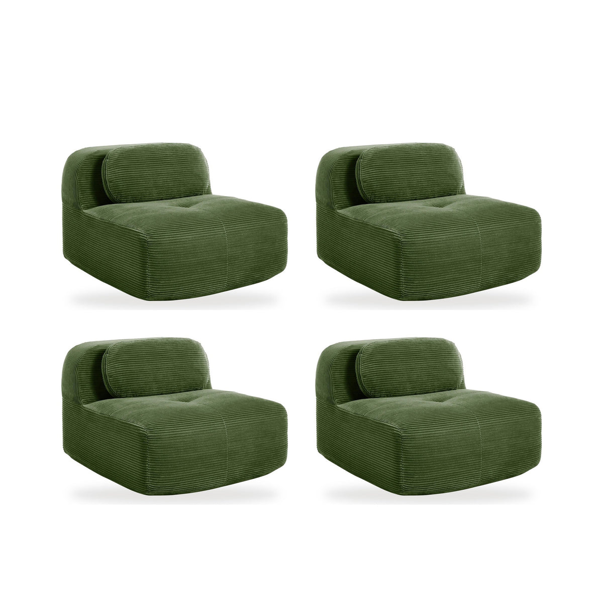 Lot de 4 fauteuils vert, vue de face sur fond blanc