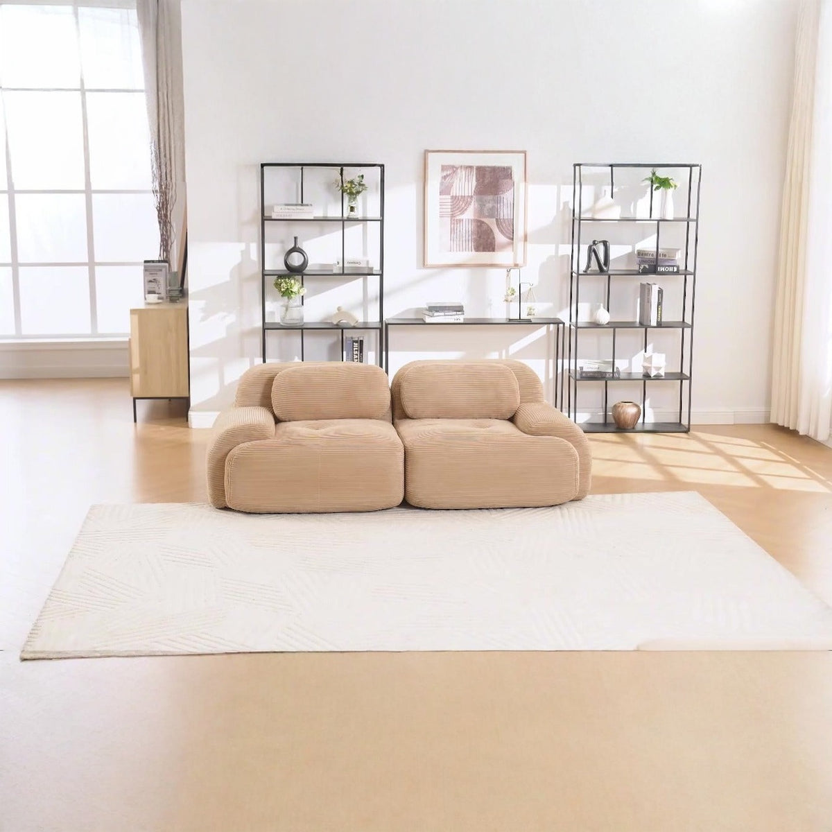 Canapé modulaire 2 places beige, de face dans un salon