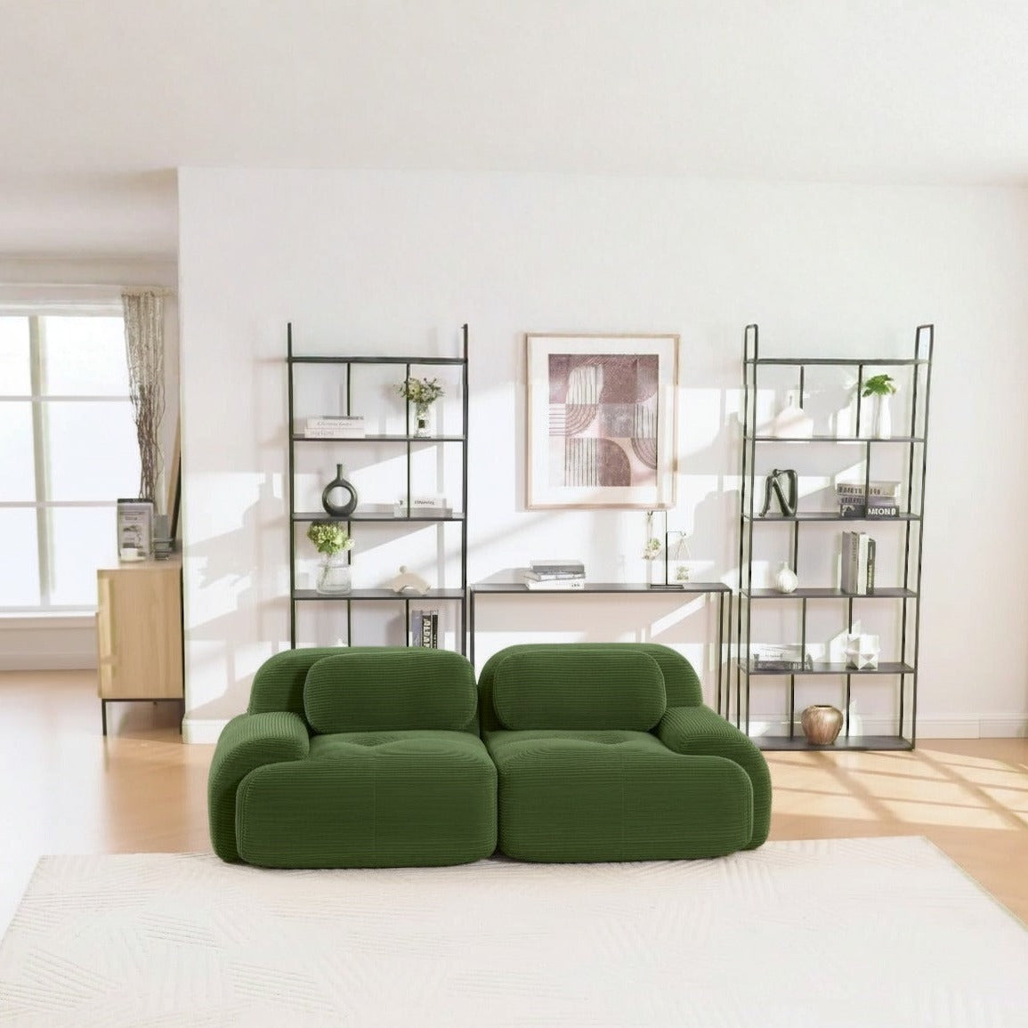 Canapé modulaire 2 places vert, de face dans un salon