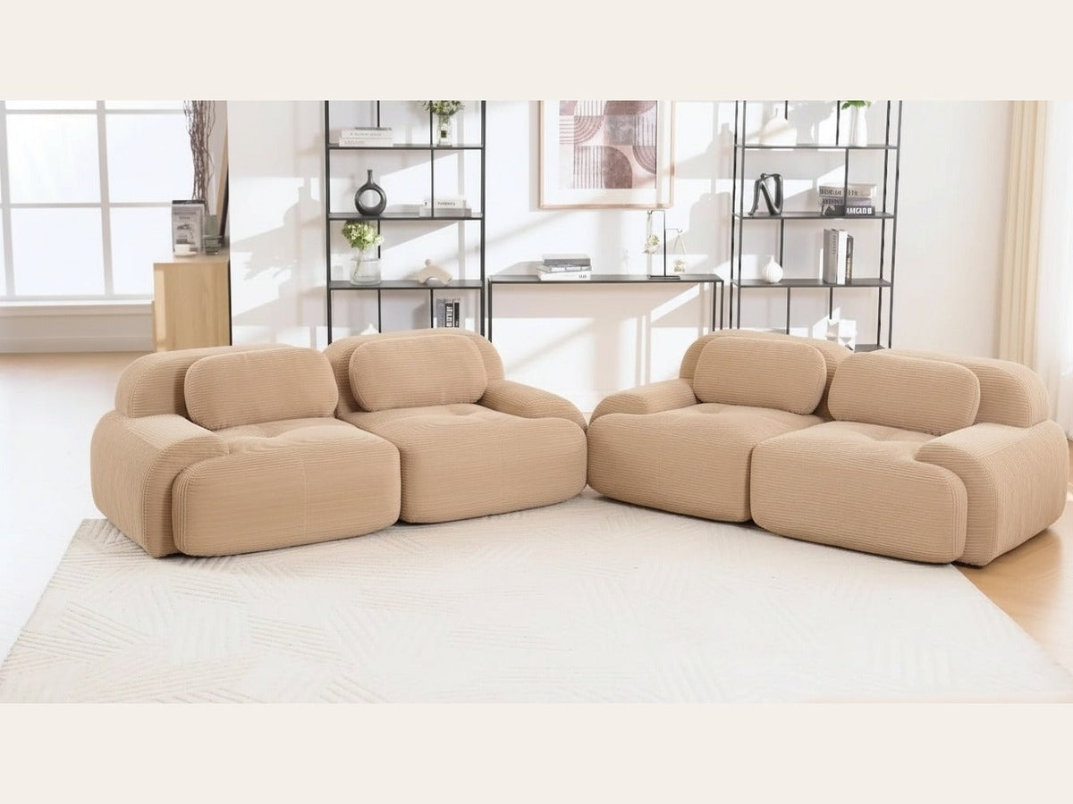 Salon velours côtelé beige, de face dans un salon